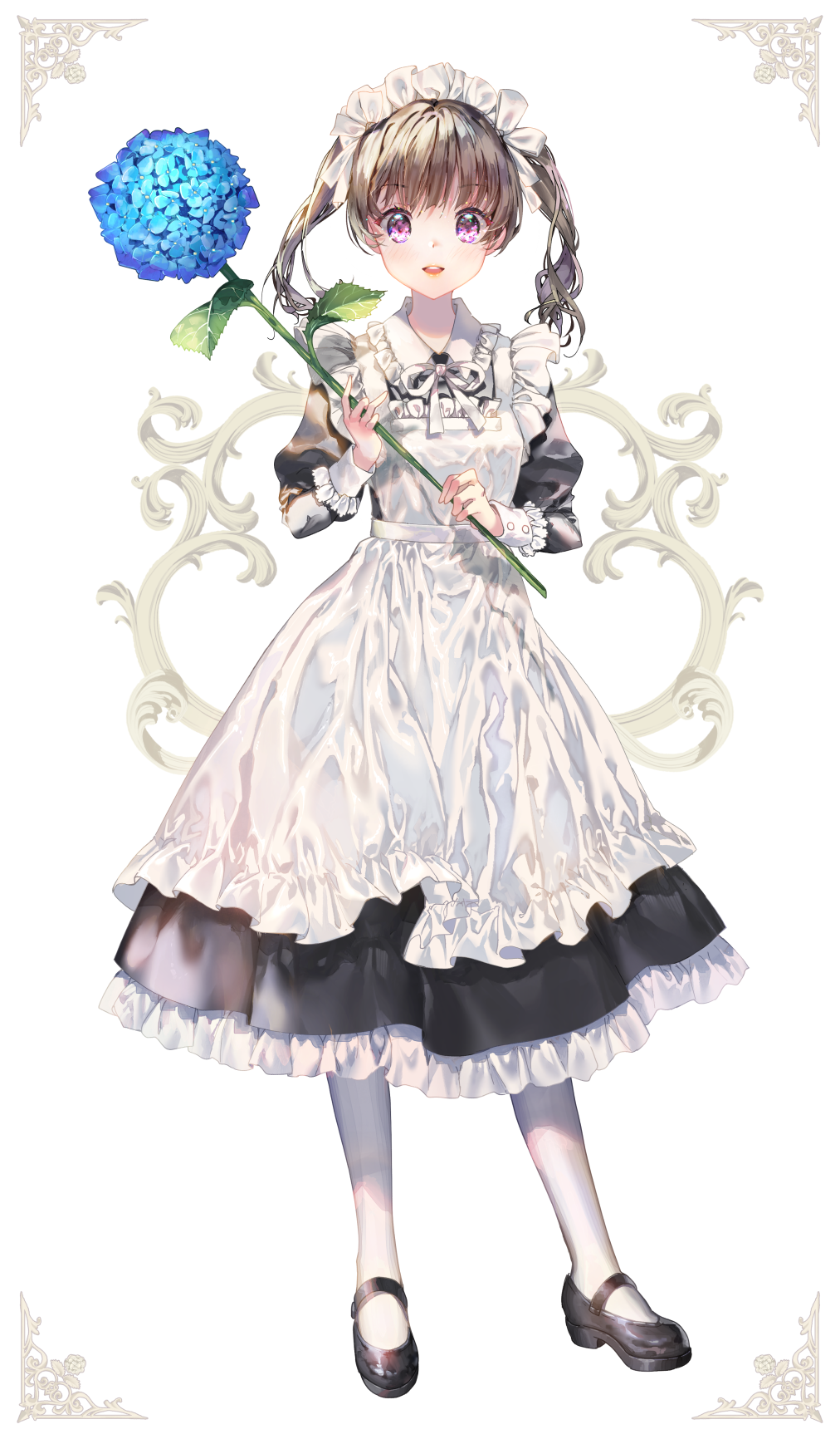 1girl :d apron bangs black_dress black_footwear blue_flower brown_hair collared_dress commentary_request dress eyebrows_visible_through_hair flower frilled_apron frilled_dress frilled_shirt_collar frills full_body highres holding holding_flower hydrangea juliet_sleeves long_sleeves looking_at_viewer maid maid_apron maid_headdress mary_janes mintchoco_(orange_shabette) neck_ribbon open_mouth original pantyhose puffy_sleeves purple_eyes ribbon shoes smile solo standing twintails upper_teeth white_apron white_background white_legwear white_ribbon