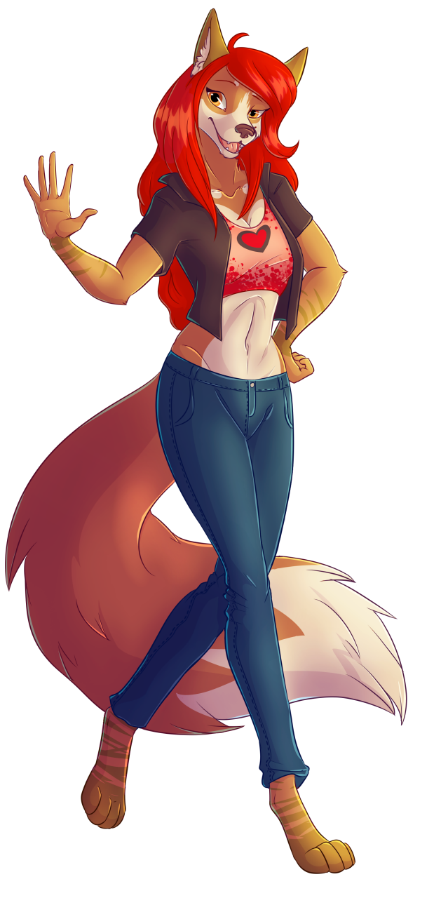 &lt;3 alpha_channel anthro bottomwear breasts canid canine canis cleavage clothed clothing crop_top domestic_dog female fox hair hand_on_hip hi_res hybrid jacket jeans long_hair looking_at_viewer mammal markings midriff navel pants scissorsrunner shirt simple_background smile solo solstice_dewinter tongue topwear transparent_background wave
