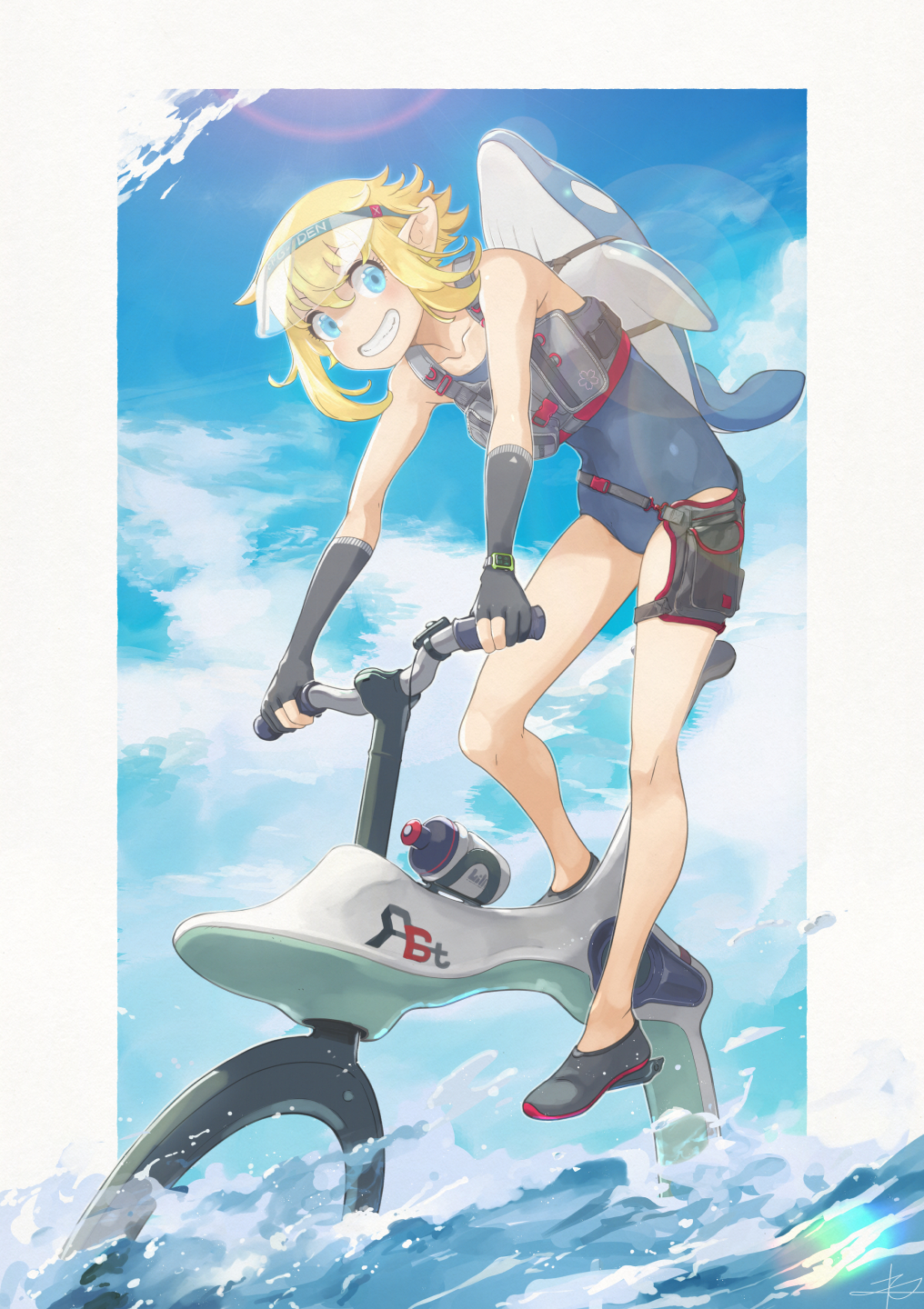 1girl bare_legs bicycle blonde_hair blue_eyes commentary day gloves grin ground_vehicle highres inflatable_toy load_bearing_vest looking_at_viewer original outdoors partly_fingerless_gloves pointy_ears pouch school_swimsuit short_hair sky smile solo swimsuit visor_cap watch water water_bike wristwatch yunar