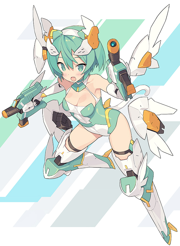 1girl :d alice_gear_aegis bangs bare_shoulders black_legwear blade_(galaxist) blush boots breasts cleavage collarbone commentary_request desktop_army detached_wings dual_wielding elbow_gloves eyebrows_visible_through_hair fang gloves green_eyes green_hair gun hair_between_eyes headgear holding holding_gun holding_weapon knee_boots leotard looking_at_viewer mecha_musume mechanical_wings open_mouth small_breasts smile solo sylphy_(desktop_army) thigh_strap thighhighs weapon white_footwear white_gloves white_leotard white_wings wings