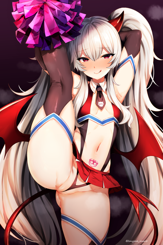 1girl :q armpits bangs blush breasts cheerleader demon_girl demon_horns demon_tail demon_wings eyebrows_visible_through_hair flexible grim_aloe hair_between_eyes holding holding_pom_poms horns long_hair looking_at_viewer low_wings marota pom_poms quiz_magic_academy red_eyes revealing_clothes smile solo split standing standing_on_one_leg standing_split tail thighhighs thighs tongue tongue_out twintails very_long_hair white_hair wings