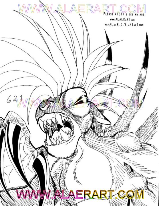 2006 4_arms alaer alien black_and_white character_name chopsuey claws disney distracting_watermark experiment_(lilo_and_stitch) fangs fur lilo_and_stitch long_claws male mohawk_(hairstyle) monochrome multi_arm multi_limb open_mouth signature simple_background solo text traditional_media_(artwork) url watermark white_background