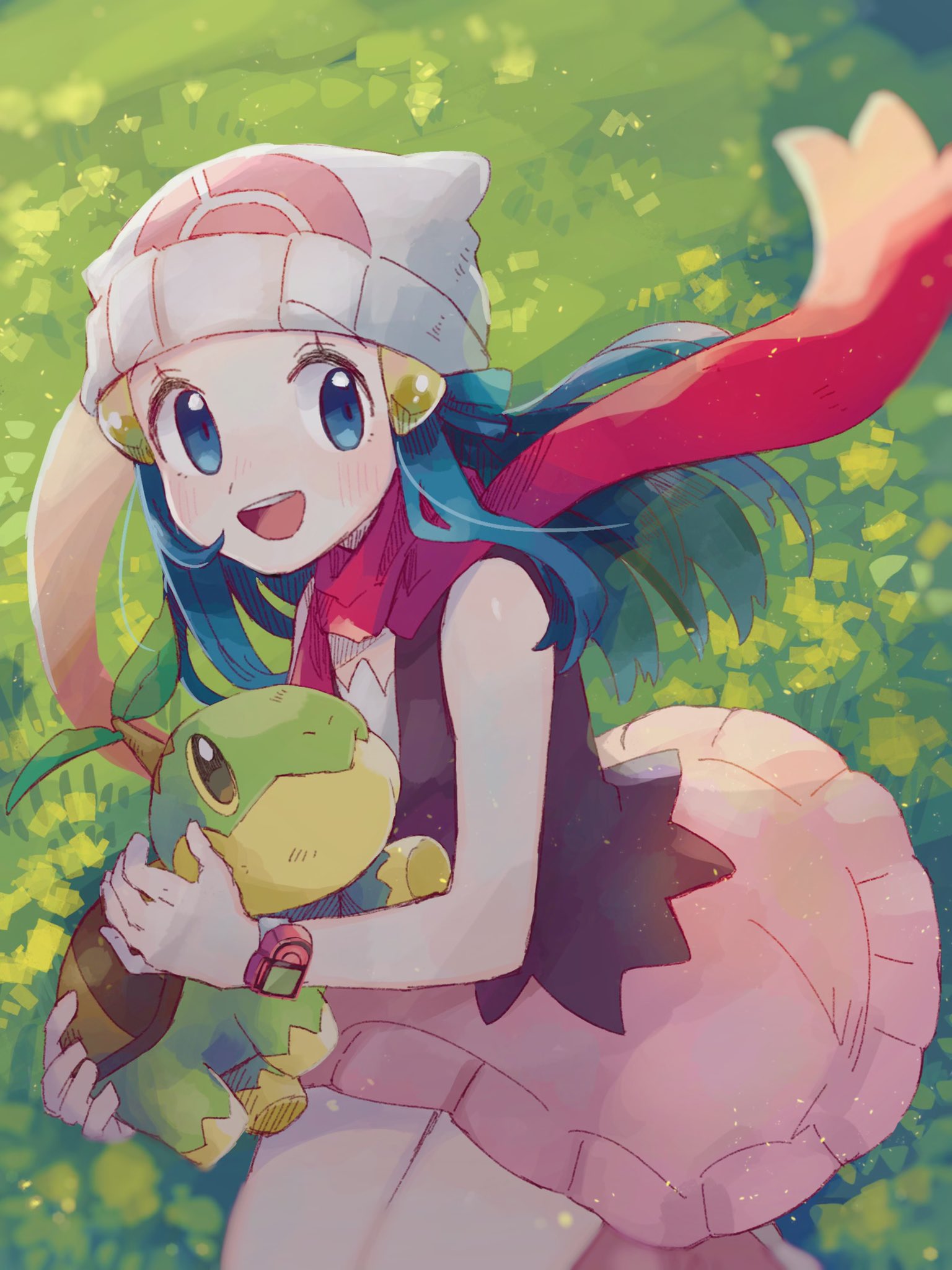 1girl :d beanie blue_eyes blue_hair blush boots commentary_request gen_4_pokemon hair_ornament hat highres hikari_(pokemon) holding holding_pokemon long_hair looking_to_the_side mu_acrt open_mouth pink_footwear pink_scarf pokemon pokemon_(creature) pokemon_(game) pokemon_dppt scarf smile starter_pokemon teeth tongue turtwig white_headwear