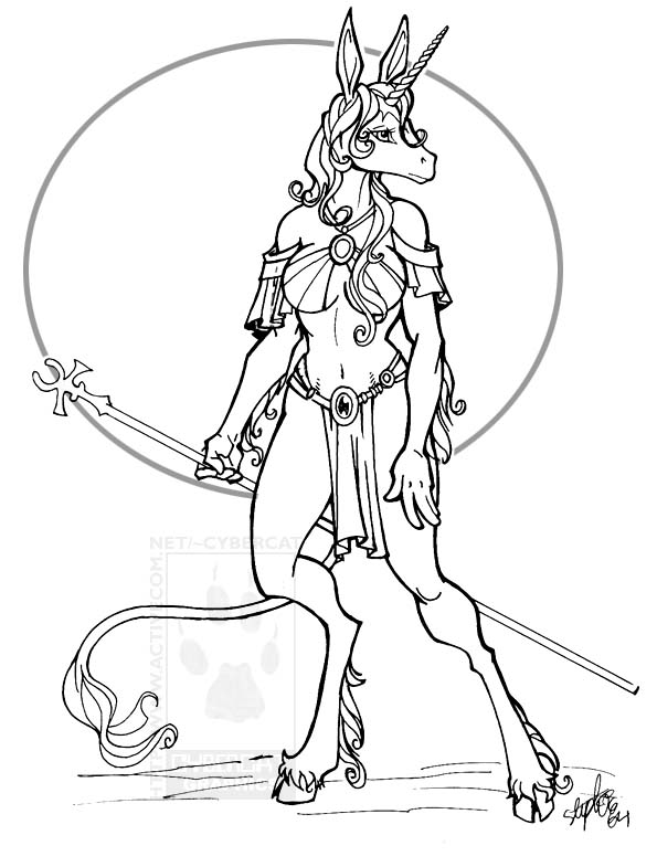 anthro cetrum clothing cybercat equid equine exposed female horn jewelry mammal monochrome necklace pose solo standing unicorn