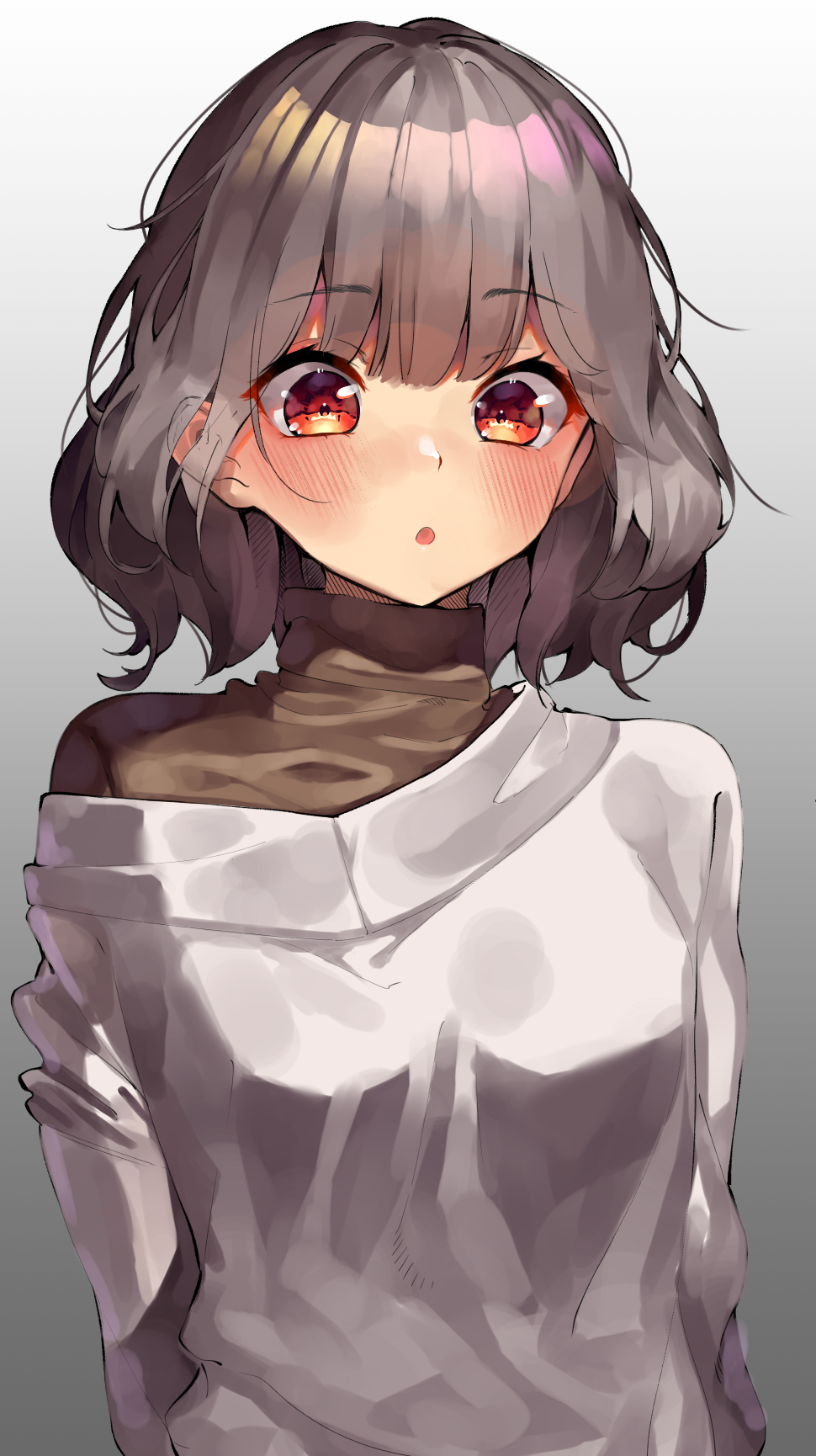 1girl :o bangs blush breasts ears_visible_through_hair eyebrows_visible_through_hair eyelashes grey_hair highres looking_down off_shoulder open_mouth orange_eyes original se.a shiny shiny_hair short_hair solo symbol_commentary turtleneck