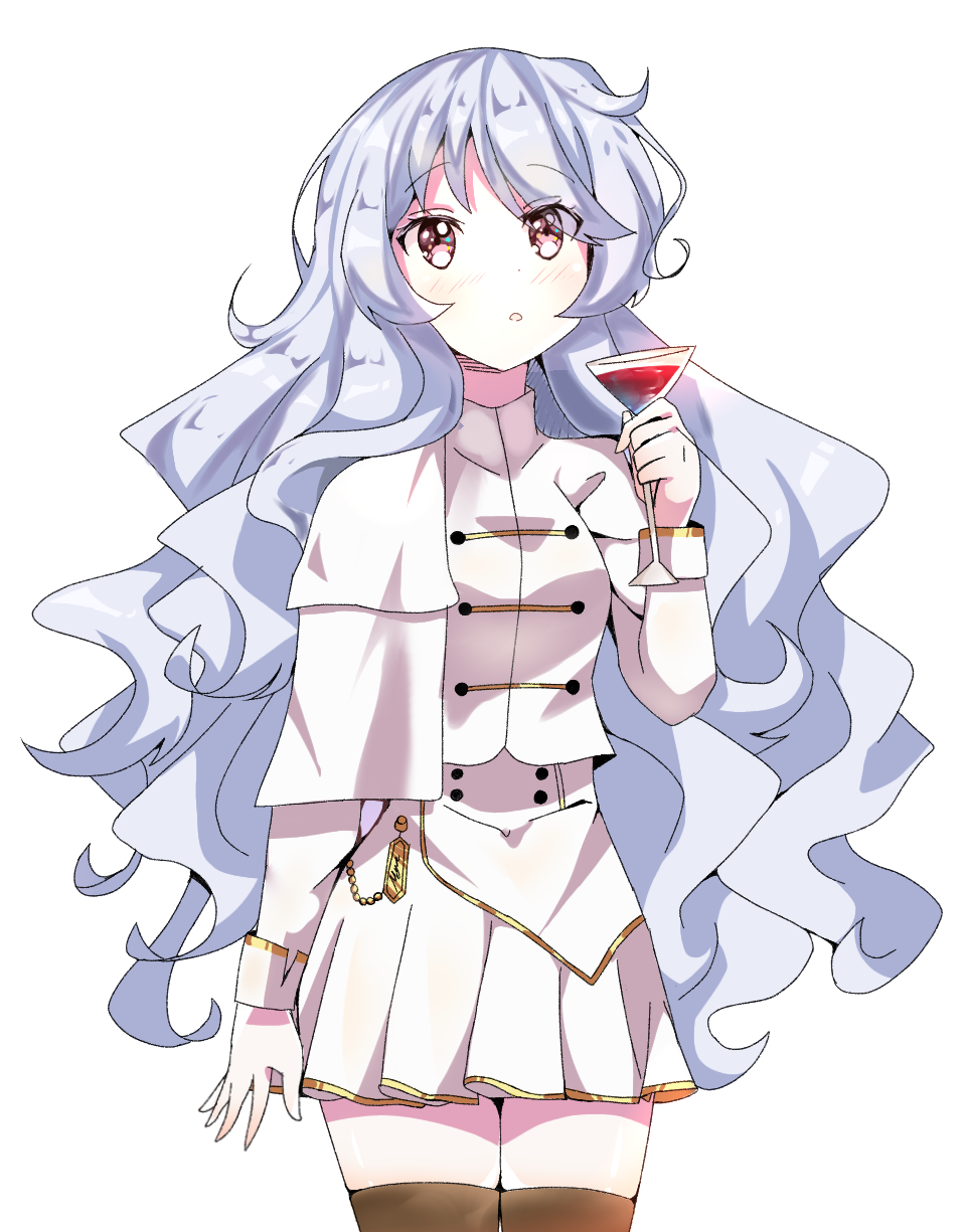 1girl :o alcohol artist_name beyblade beyblade:_burst black_panties blue_hair chankyone character_name cup drinking_glass formal highres jewelry long_hair military military_uniform nishiro_nya open_eyes open_mouth panties purple_eyes simple_background skirt solo suit underwear uniform wavy_hair white_background wine wine_glass