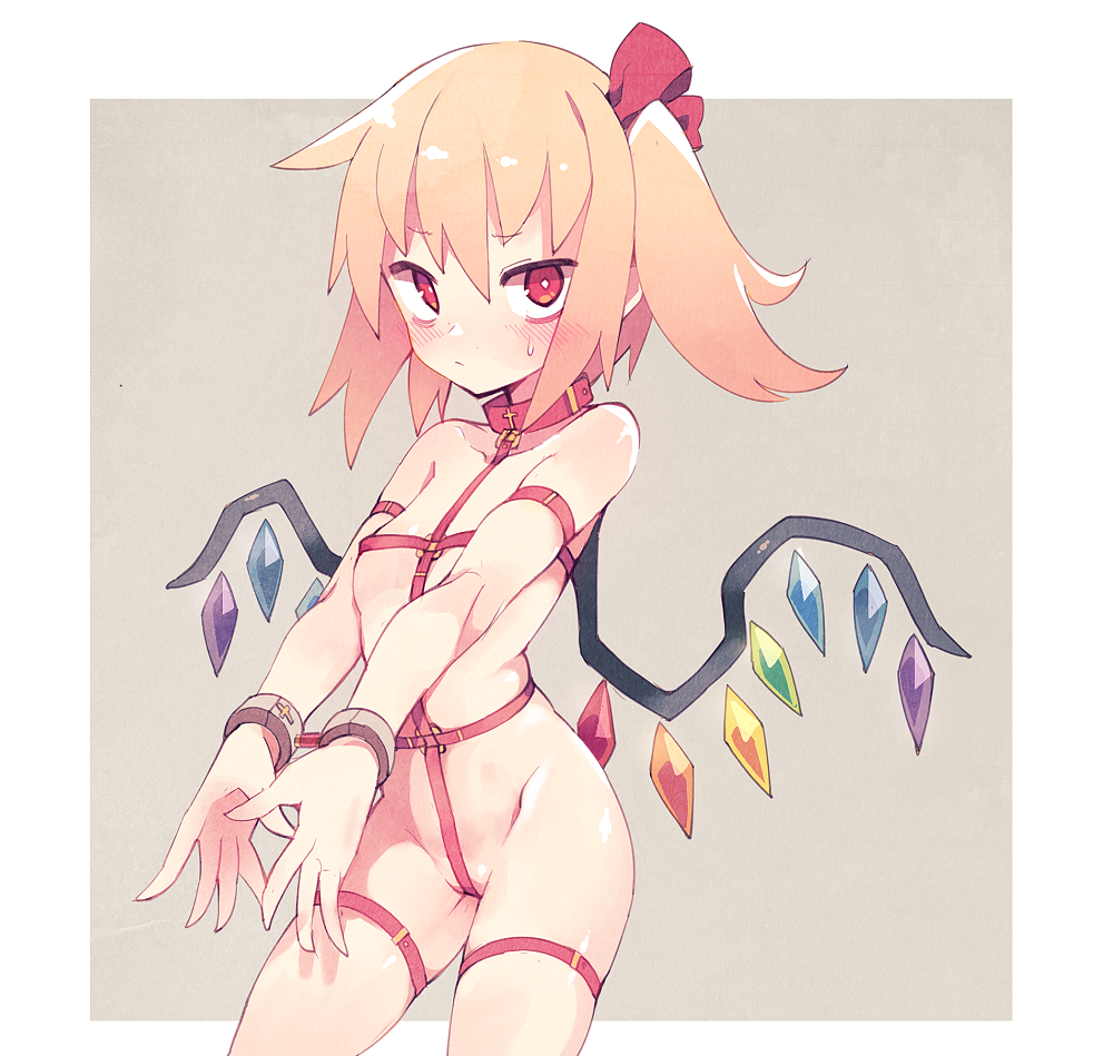 1girl bare_arms bare_shoulders blonde_hair blush breasts closed_mouth collar cowboy_shot cuffs flandre_scarlet fuukadia_(narcolepsy) grey_background hair_ribbon looking_at_viewer medium_hair one_side_up red_collar red_eyes red_ribbon restrained revealing_clothes ribbon small_breasts solo standing sweat touhou two-tone_background white_background wings