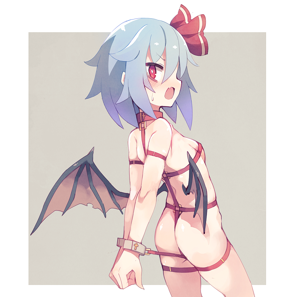 1girl ass back bare_shoulders bat_wings blue_hair bound bound_wrists breasts from_behind fuukadia_(narcolepsy) grey_background hair_ribbon open_mouth red_eyes red_ribbon remilia_scarlet revealing_clothes ribbon small_breasts solo sweat touhou two-tone_background white_background wings
