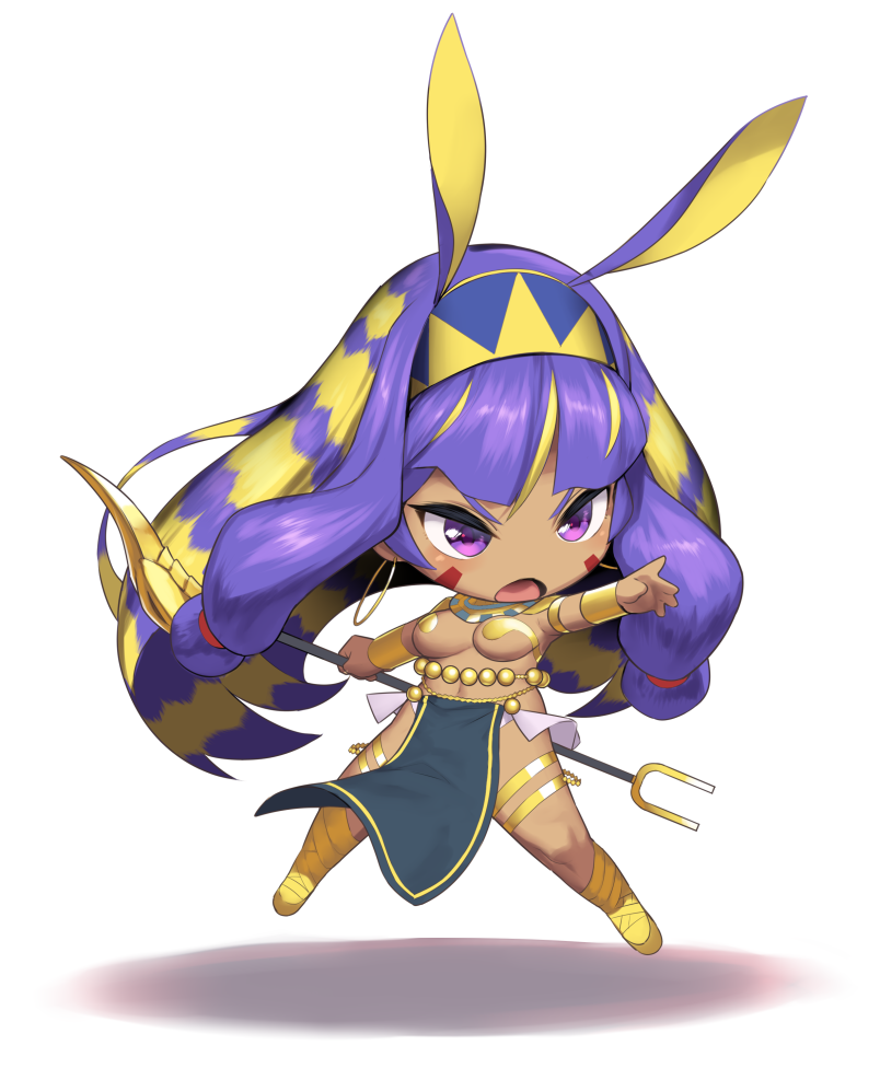 1girl animal_ears blonde_hair chibi dark_skin earrings egyptian egyptian_clothes facepaint facial_mark fate/grand_order fate_(series) hairband hakai_shin hoop_earrings jackal_ears jewelry long_hair low-tied_long_hair multicolored_hair nitocris_(fate/grand_order) open_mouth pelvic_curtain purple_hair simple_background solo tagme two-tone_hair usekh_collar v-shaped_eyebrows white_background