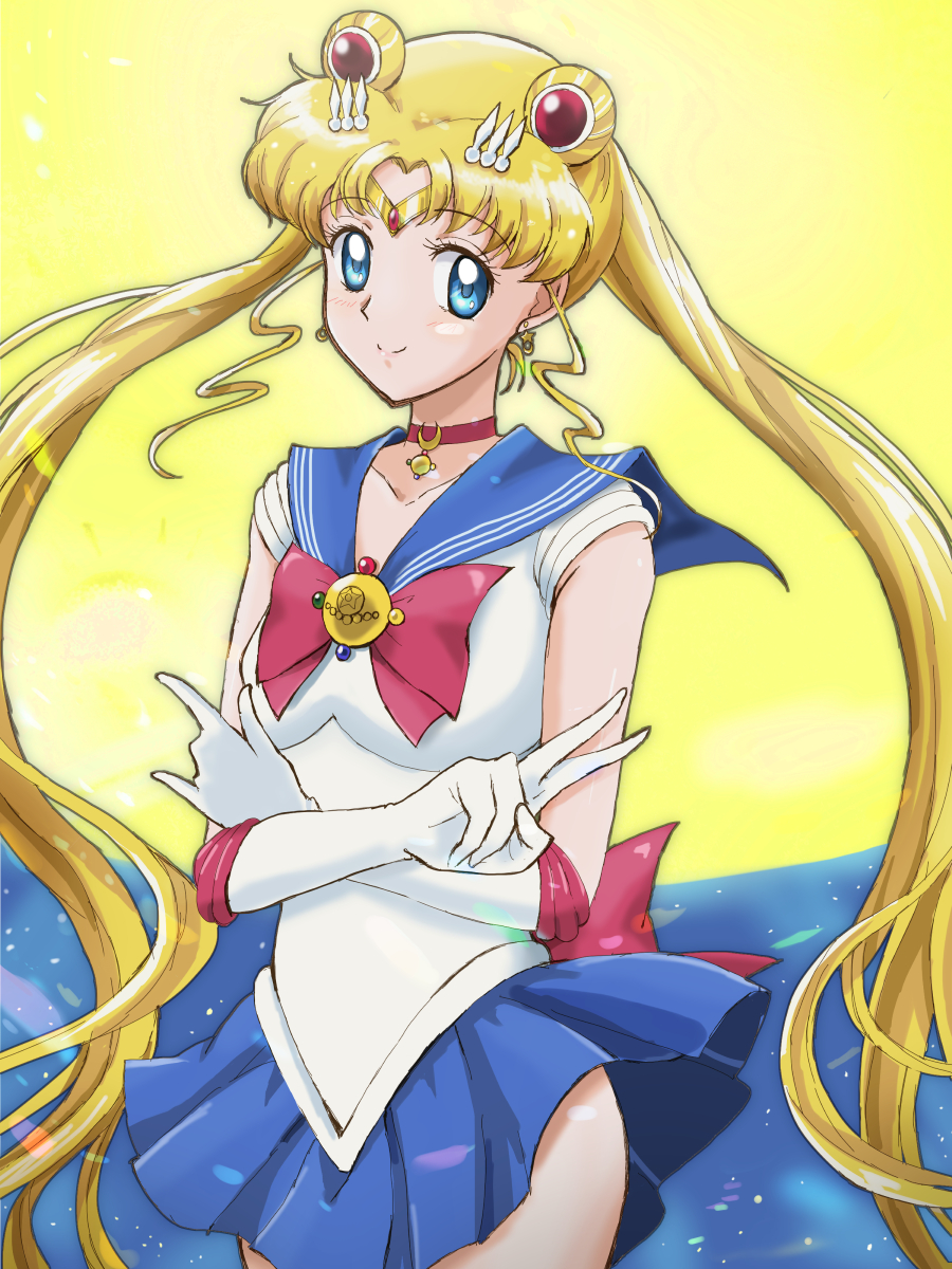 1girl bishoujo_senshi_sailor_moon bishoujo_senshi_sailor_moon_crystal blonde_hair blue_eyes blue_sailor_collar blue_skirt bow bowtie breasts choker circlet closed_mouth collarbone collared_shirt cowboy_shot crossed_arms double_bun earrings floating_hair hair_intakes highres jewelry kinfuji long_hair looking_at_viewer miniskirt pleated_skirt red_bow red_choker red_neckwear sailor_collar sailor_moon sailor_senshi_uniform sailor_shirt shiny shiny_hair shirt skirt sleeveless sleeveless_shirt small_breasts smile solo standing star_(symbol) star_earrings very_long_hair white_shirt yellow_background