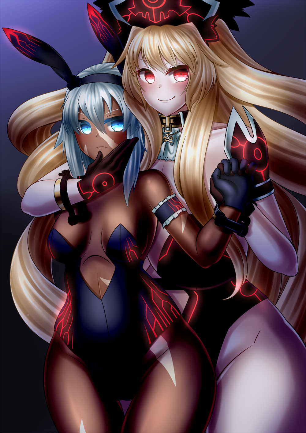2girls alternate_color animal_ears anne_bonny_(fate/grand_order) anne_bonny_(swimsuit_archer)_(fate) armor bare_shoulders black_swimsuit blue_swimsuit breasts bunny_ears bunny_girl collar corruption dark_persona dark_skin efreet eyelashes facial_scar fate/grand_order fate_(series) gloves hair_between_eyes hand_on_another's_face hat highres huge_breasts light_blue_eyes mary_read_(fate/grand_order) mary_read_(swimsuit_archer)_(fate) multiple_girls pink_eyes pirate_hat platinum_blonde_hair scar shoulder_armor silver_hair skull small_breasts smile swimsuit thighs wide_hips