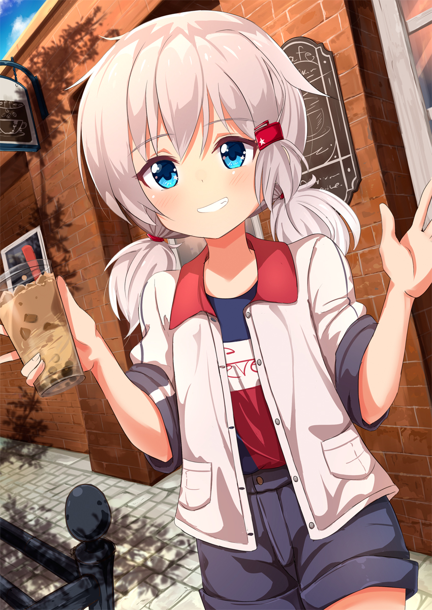 1girl ame. azur_lane bangs blue_eyes blue_shirt blue_shorts blush brick_wall bubble_tea building collared_jacket commentary_request cup day denver_(azur_lane) disposable_cup drinking_straw eyebrows_visible_through_hair grey_hair grin hair_between_eyes hair_ornament hairclip hands_up highres holding holding_cup jacket low_twintails open_clothes open_jacket outdoors shirt short_shorts short_sleeves short_twintails shorts smile solo star_(symbol) star_in_eye symbol_in_eye twintails white_jacket