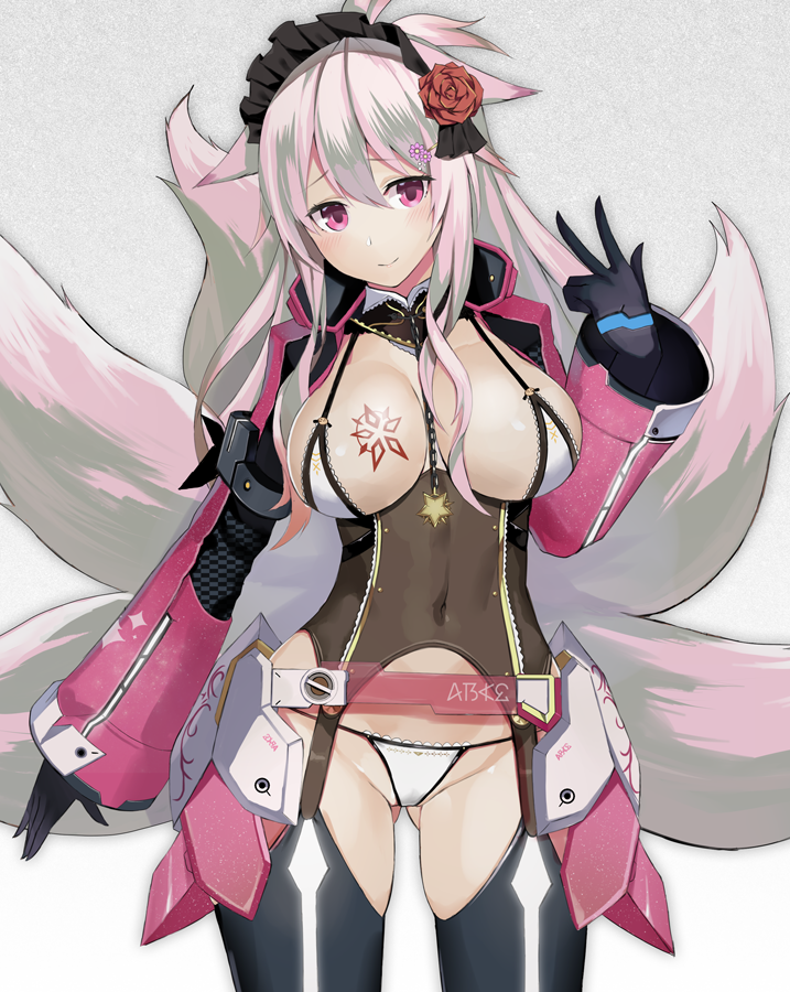 1girl animal_ears armored_leotard ass_visible_through_thighs between_breasts black_gloves black_legwear blush body_markings breasts chain cleavage closed_mouth commentary cosplay covered_navel cowboy_shot eyebrows_visible_through_hair flower fox_ears fox_tail frilled_hairband frills g-string garter_straps gene_(pso2) gene_(pso2)_(cosplay) gloves grey_background hair_between_eyes hair_flower hair_ornament hairband idola_phantasy_star_saga large_breasts long_hair looking_at_viewer multicolored_hair multiple_tails nakamura_nagare original panties pink_eyes pink_hair revealing_clothes see-through silver_hair simple_background smile solo streaked_hair tail thighhighs thighs thong two-tone_hair underwear v white_panties