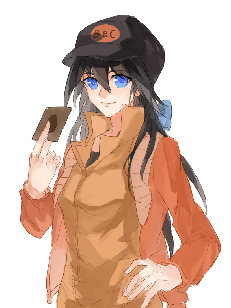 1girl alternate_costume alternate_hairstyle bangs black_hair black_headwear blue_bow blue_eyes bow card closed_mouth dress_shirt eyebrows_visible_through_hair fudou_yuusei genderswap genderswap_(mtf) hair_between_eyes hair_bow hand_on_hip hat holding holding_card jacket long_hair long_sleeves open_clothes open_jacket orange_shirt print_headwear red_jacket rozy shirt sketch smile solo upper_body white_background yuu-gi-ou yuu-gi-ou_5d's