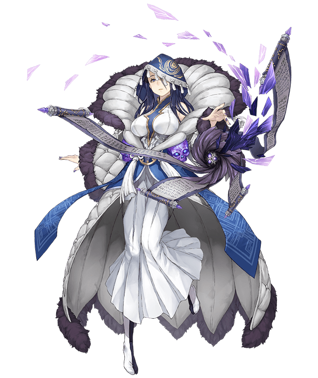 1girl bare_shoulders black_hair blue_eyes breasts dress expressionless full_body fur_trim hood ji_no kaguya_hime_(sinoalice) large_breasts long_hair looking_at_viewer nail_polish official_art scroll sinoalice skull solo transparent_background white_dress