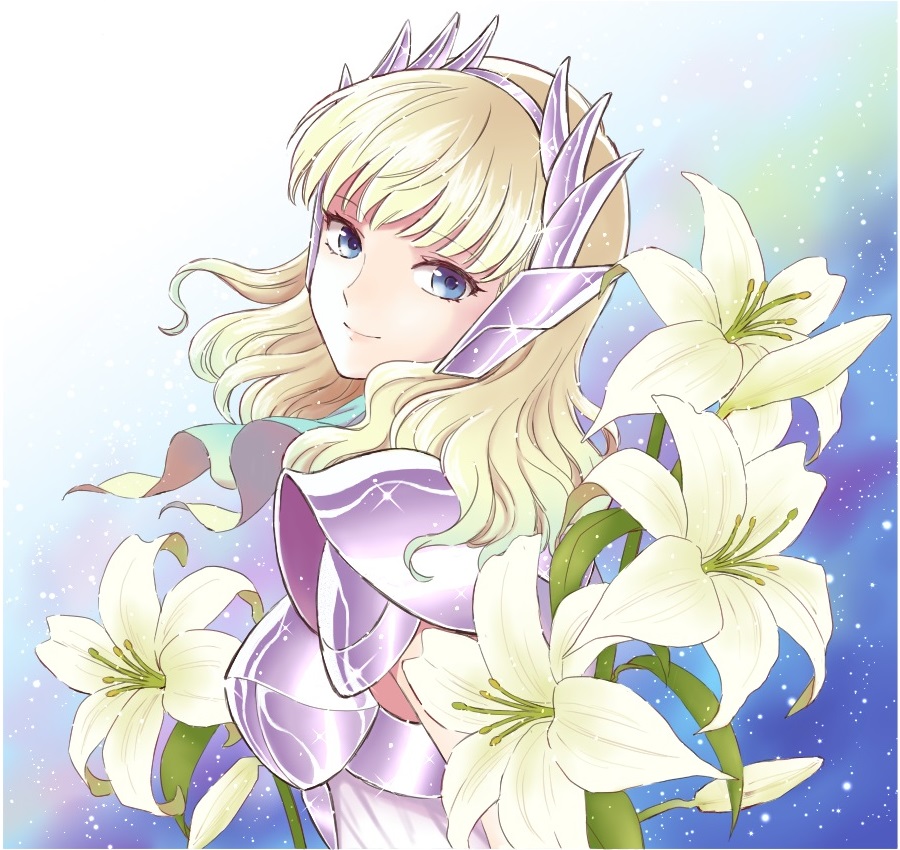 1girl armor bangs blonde_hair blue_eyes closed_mouth delphinus_mii eyebrows_visible_through_hair floating_hair flower from_side hairband head_tilt lily_(flower) lisa_(lisa_lisa_life) long_hair looking_at_viewer saint_seiya_saintia_sho shoulder_armor smile solo spaulders upper_body white_flower white_hairband