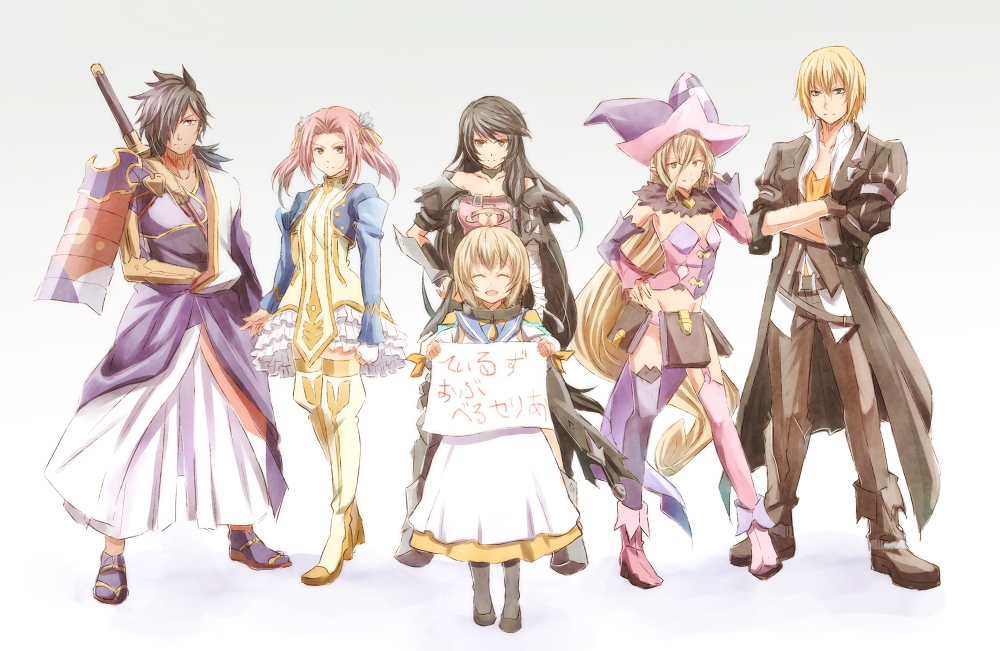 3boys 3girls :d armor asymmetrical_footwear asymmetrical_legwear asymmetrical_sleeves bandaged_arm bandages bangs black_hair blonde_hair blue_eyes blue_sleeves boots breasts brown_eyes brown_footwear brown_hair brown_pants cleavage closed_mouth coat collarbone contrapposto cropped_arms crossed_arms detached_sleeves dress eizen_(tales) eleanor_hume facing_viewer garter_straps gradient gradient_background grey_background groin hair_between_eyes hair_ornament hat holding laphicet_(tales) layered_dress layered_skirt long_hair long_sleeves looking_at_viewer magilou_(tales) medium_breasts midriff miniskirt mishiro_(andante) multiple_boys multiple_girls open_clothes open_coat open_mouth pants pink_hair pink_legwear purple_legwear red_eyes rokurou_rangetsu shiny shiny_hair shoulder_armor shrug_(clothing) skirt smile standing stomach sword tales_of_(series) tales_of_berseria thigh_boots thighhighs velvet_crowe very_long_hair weapon white_background white_dress white_footwear white_skirt witch_hat