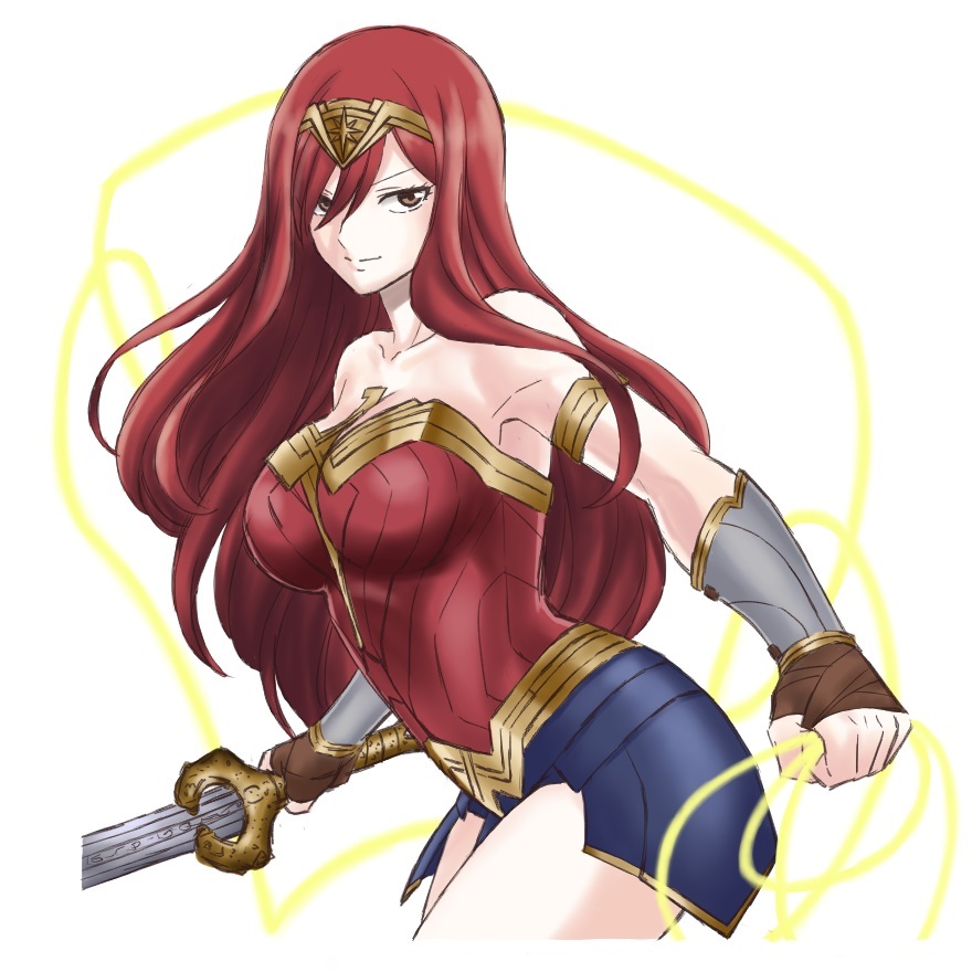 1girl armlet bangs breasts brown_eyes cleavage closed_mouth cosplay cowboy_shot erza_scarlet fairy_tail faulds floating_hair hair_between_eyes headband holding holding_sword holding_weapon large_breasts lisa_(lisa_lisa_life) long_hair looking_at_viewer red_hair shiny shiny_hair simple_background sleeveless smile solo standing striped sword very_long_hair weapon white_background wonder_woman wonder_woman_(cosplay)