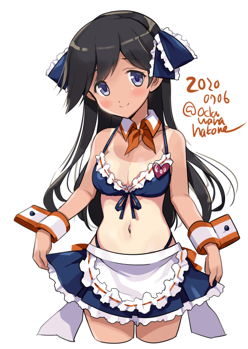 1girl alternate_costume bikini black_hair blue_bikini blue_skirt blush collarbone cropped_legs dated detached_collar eyebrows_visible_through_hair hair_between_eyes i-400_(kantai_collection) kantai_collection long_hair maid_bikini navel odawara_hakone one-piece_tan pleated_skirt purple_eyes simple_background skirt smile solo swimsuit tan tanline twitter_username white_background wrist_cuffs