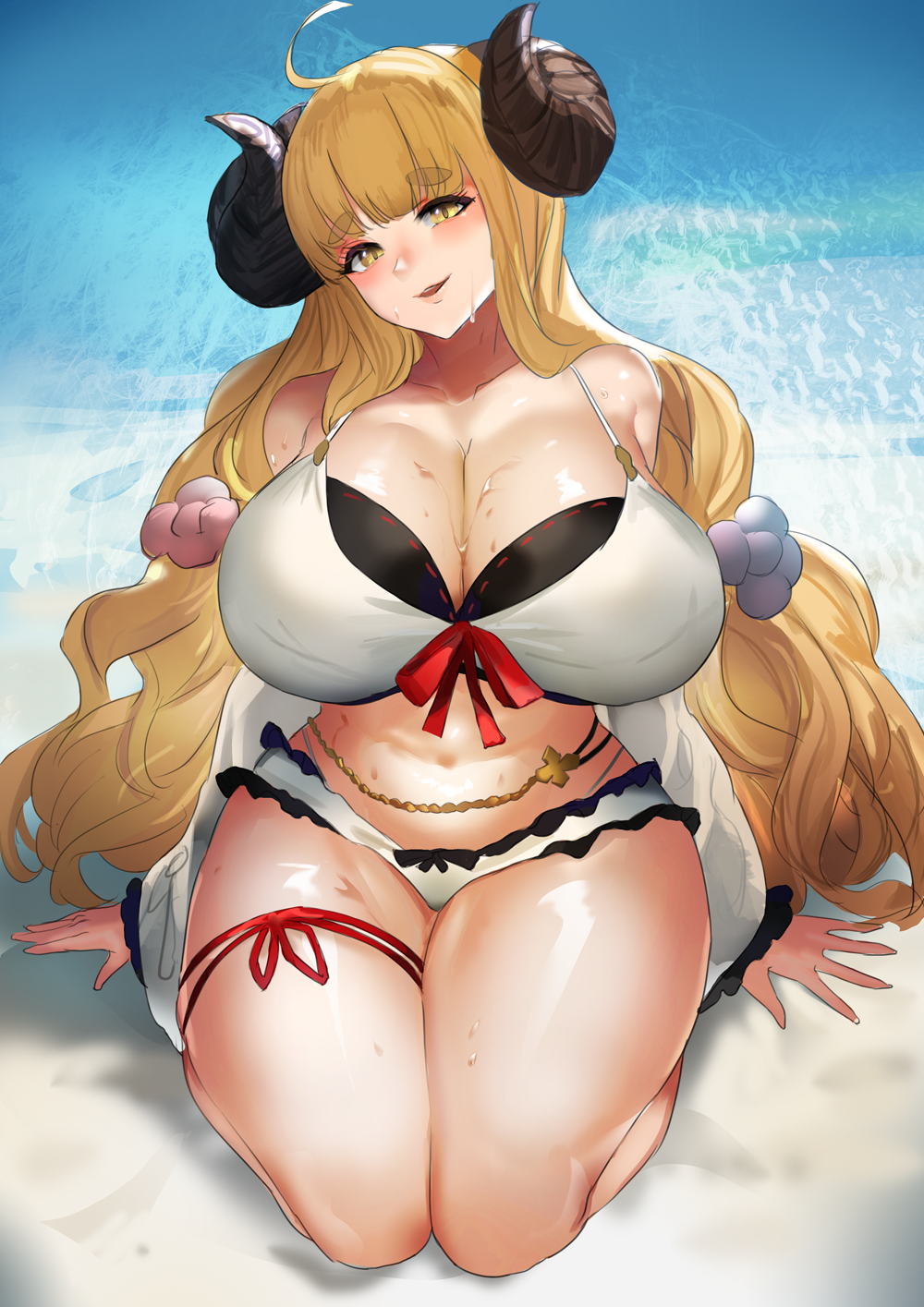 1girl :d ahoge anila_(granblue_fantasy) arms_at_sides bangs bare_shoulders beach bikini blonde_hair blunt_bangs blush breasts cleavage collarbone commentary_request day detached_sleeves draph eyebrows eyebrows_visible_through_hair eyelashes full_body granblue_fantasy highres horns large_breasts layered_bikini long_hair looking_at_viewer makeup mascara midriff navel open_mouth outdoors sakanaaj1 seiza sheep_horns short_eyebrows sidelocks sitting smile solo stomach swimsuit very_long_hair water wet white_bikini yellow_eyes