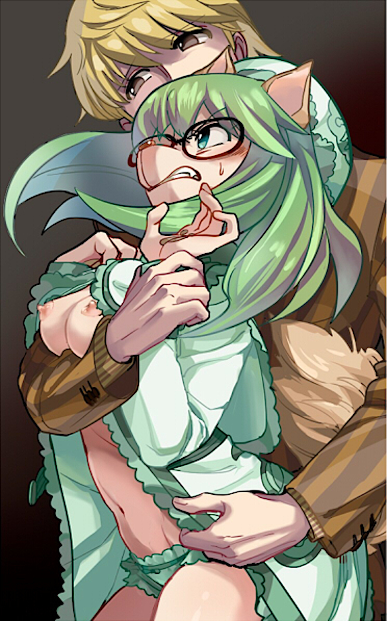 akiho_(akinomegumi) anthro blush breasts canid canine canis cheadle_yorkshire clothed clothing domestic_dog exposed_breasts eyewear female forced glasses green_hair hair hi_res human hunter_x_hunter male male/female mammal panties pariston_hill partially_clothed underwear undressing