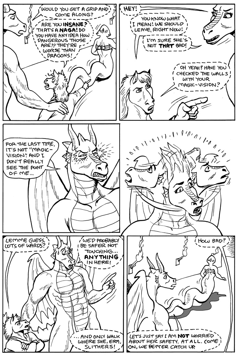2020 anthro black_and_white comic dragon english_text equid equine fangs female gustav_(here_there_be_dragons) here_there_be_dragons horn horse karno male mammal monochrome naga open_mouth reptile scalie serpentine snake speech_bubble teeth text wings zashy