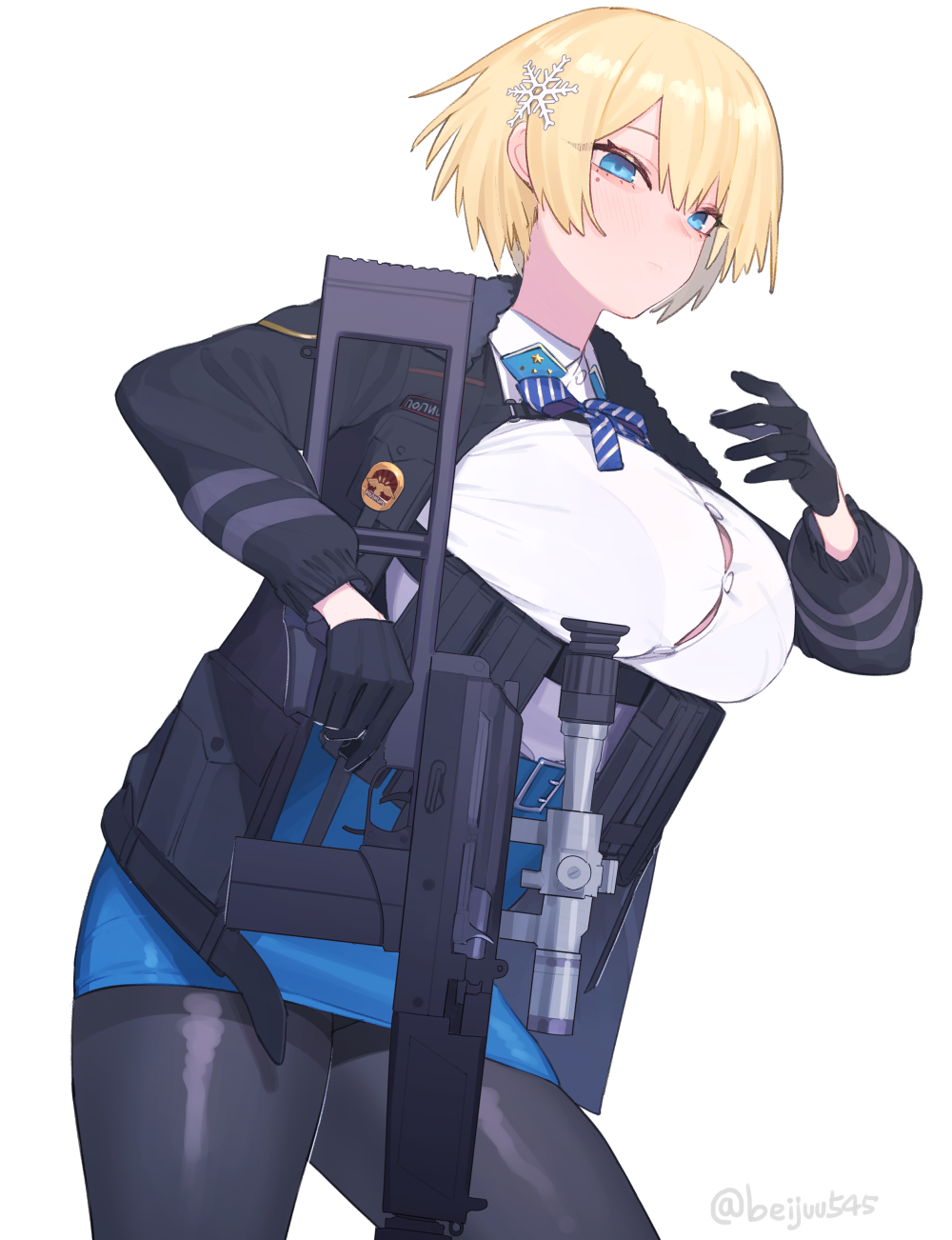 1girl belt blonde_hair blouse blue_eyes blue_ribbon blue_skirt breasts cowboy_shot girls_frontline gloves hair_ornament highres holding holding_weapon jacket juz large_breasts load_bearing_vest looking_at_viewer mole mole_under_eye neck_ribbon pantyhose pencil_skirt ribbon short_hair signature skirt snowflake_hair_ornament solo thighband_pantyhose vsk-94 vsk-94_(girls_frontline) weapon white_background white_blouse