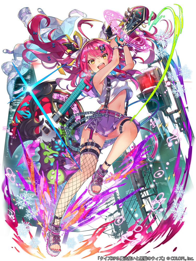 1girl :d ahoge armpits arms_up bare_arms bare_shoulders belt bracelet crop_top crop_top_overhang electric_guitar fishnet_legwear fishnets floating_hair full_body garter_straps guitar holding holding_instrument instrument jewelry knee_up long_hair looking_at_viewer mahou_tsukai_to_kuroneko_no_wiz midriff miniskirt navel neckerchief official_art open_mouth open_toe_shoes pink_hair pleated_skirt purple_skirt shirt simple_background single_thighhigh skirt sleeveless sleeveless_shirt smile solo stomach suspenders thigh_strap thighhighs thighs toenail_polish toshi_gahara twintails v-shaped_eyebrows watermark white_background white_shirt yellow_eyes