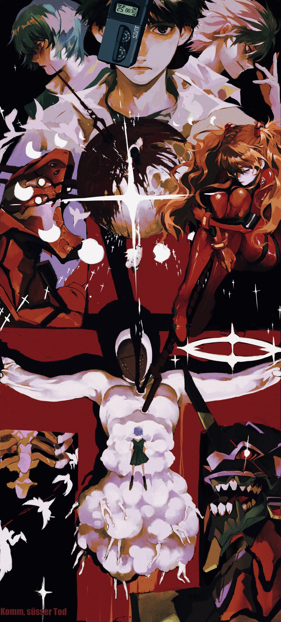 2boys 2girls 6+others abstract angel black_eyes black_hair blood blue_hair bone character_request closed_eyes closed_mouth cross curled_up english_text flesh floating glowing glowing_eyes grey_hair halo highres long_hair mecha moon multiple_boys multiple_girls multiple_others neon_genesis_evangelion open_eyes open_mouth orange_hair plugsuit pointing polearm red_eyes ribs shadow short_hair spear spikes suzumesakiii tagme tape_recorder teeth twintails veins weapon white_hair wings