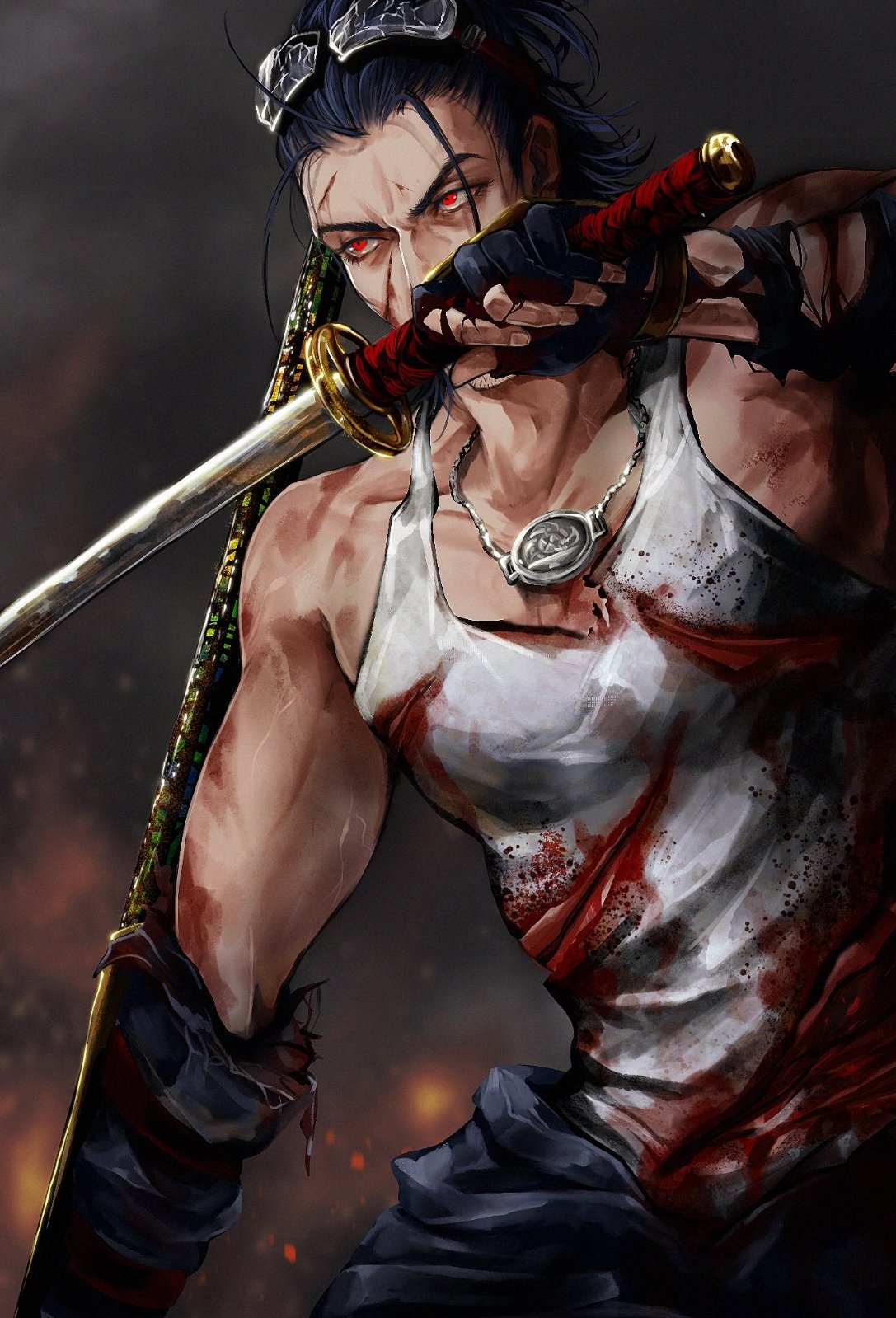 1boy black_gloves black_hair blood bloody_clothes gloves goggles goggles_on_head highres holding holding_sword holding_weapon injury jewelry la_la_la_la male_focus necklace nihongou_(touken_ranbu) outdoors partly_fingerless_gloves red_eyes shirt sleeveless solo sword tank_top torn touken_ranbu weapon white_shirt