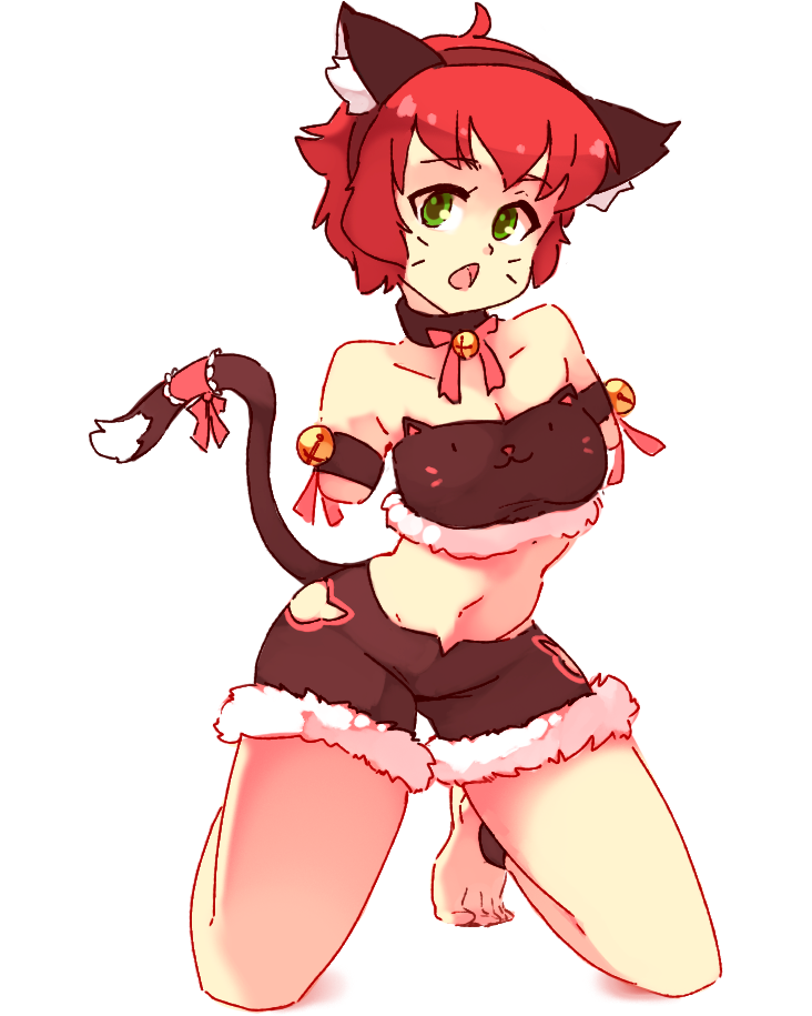 1girl :o amputee animal_ear_fluff animal_ears armband bare_shoulders barefoot bell bell_choker black_choker cat_ears cat_tail choker double_amputee english_commentary fake_animal_ears full_body fur-trimmed_shorts fur_trim green_eyes hairband jingle_bell katawa_shoujo kneeling looking_at_viewer midriff navel no_arms red_hair rtil short_hair short_shorts shorts simple_background solo tail tail_ornament tezuka_rin whisker_markings white_background