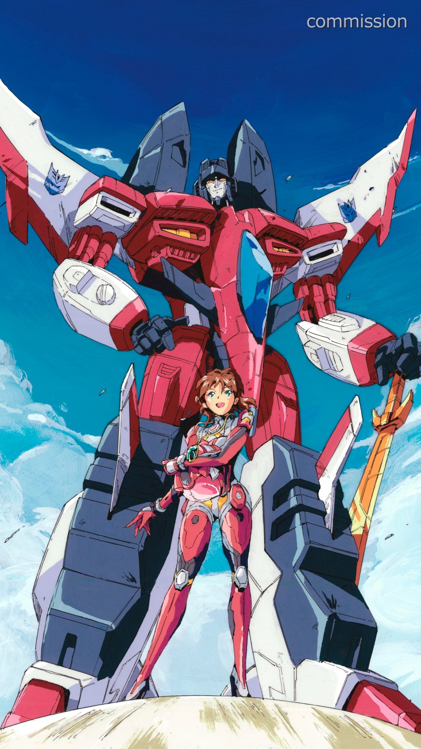 1boy 1girl alexa_(transformers) blue_eyes brown_hair decepticon hand_on_hip helmet highres holding holding_helmet holding_sword holding_weapon looking_up marble-v mecha mechanical_wings open_mouth pilot_suit starscream sword transformers transformers_armada weapon wings