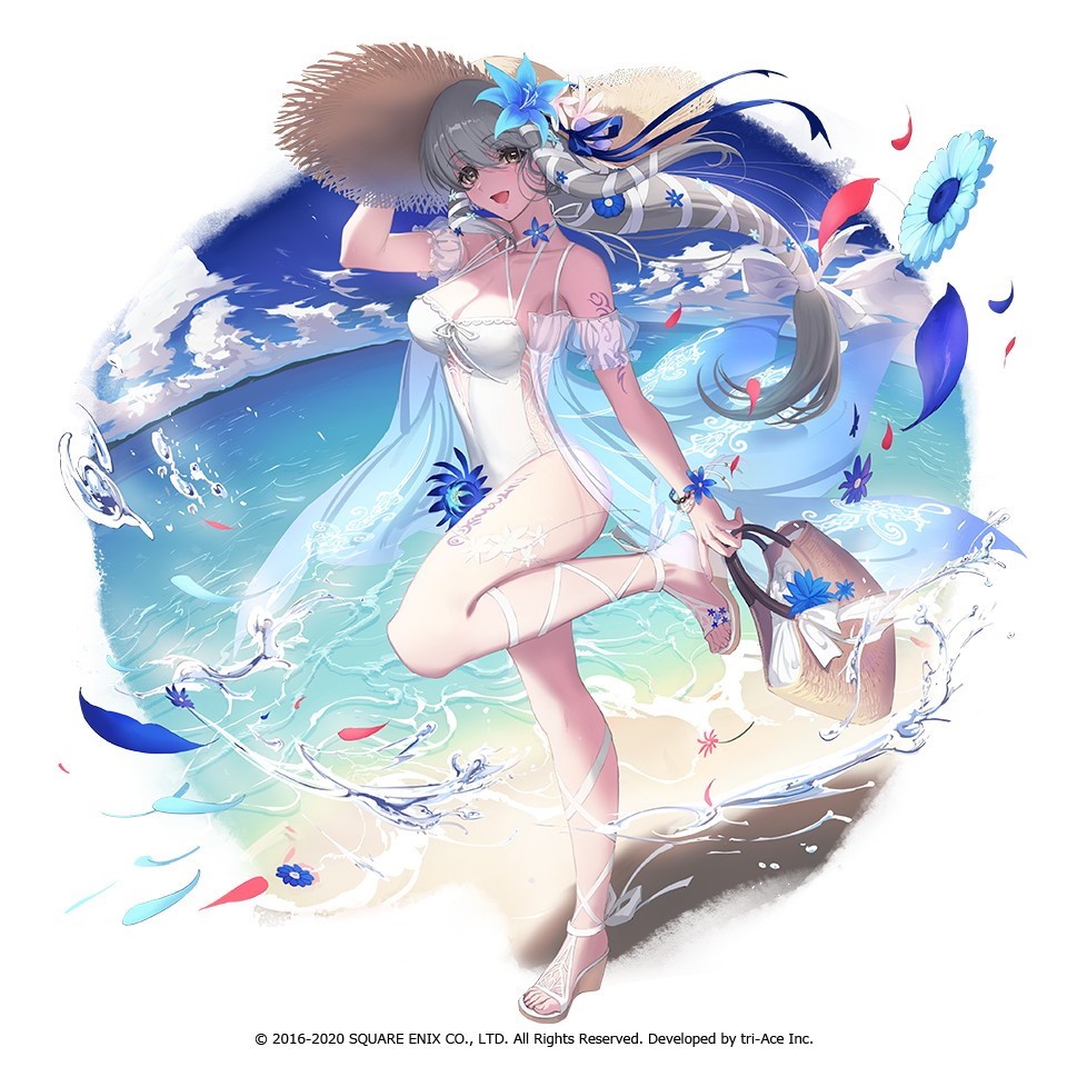 1girl arm_tattoo bag beach breasts clair_lasbard cleavage cloud cloudy_sky company_name cross-laced_footwear flower hat large_breasts leg_tattoo long_hair looking_at_viewer ocean official_art one-piece_swimsuit petals sandals silver_hair sky smile star_ocean star_ocean_anamnesis star_ocean_till_the_end_of_time summer sun_hat swimsuit tattoo water