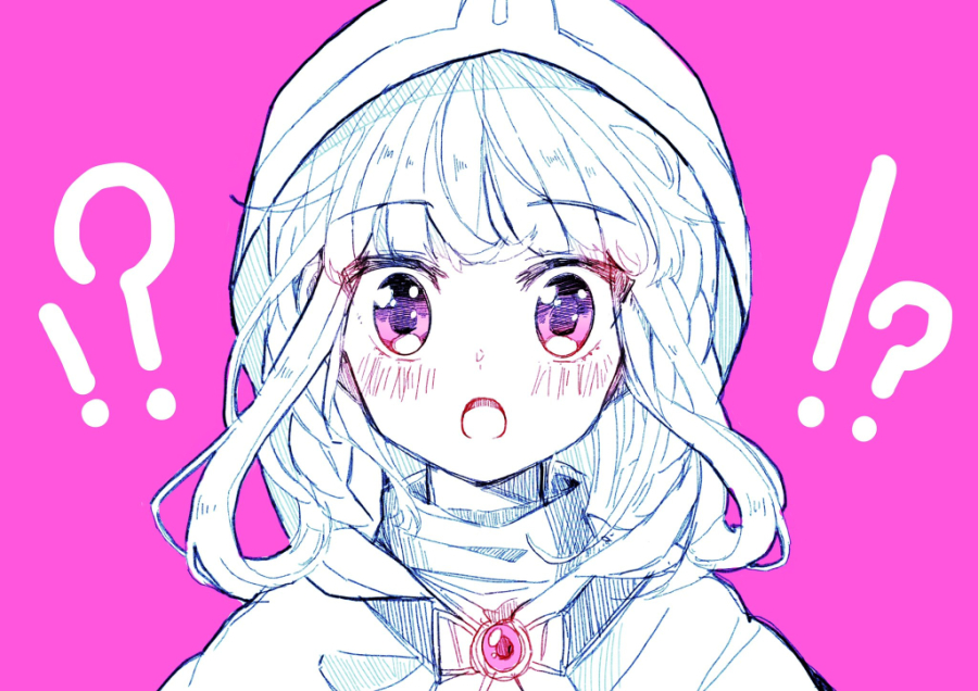 !? 1girl :o bangs blunt_bangs blush christy cloak close-up dot_nose eyebrows_visible_through_hair eyes_visible_through_hair face floating_hair hood hood_up hooded_cloak looking_at_viewer magia_record:_mahou_shoujo_madoka_magica_gaiden mahou_shoujo_madoka_magica open_mouth pink_background pink_eyes pink_theme sidelocks simple_background solo soul_gem spot_color surprised tamaki_iroha tareme turtleneck upper_body wide-eyed