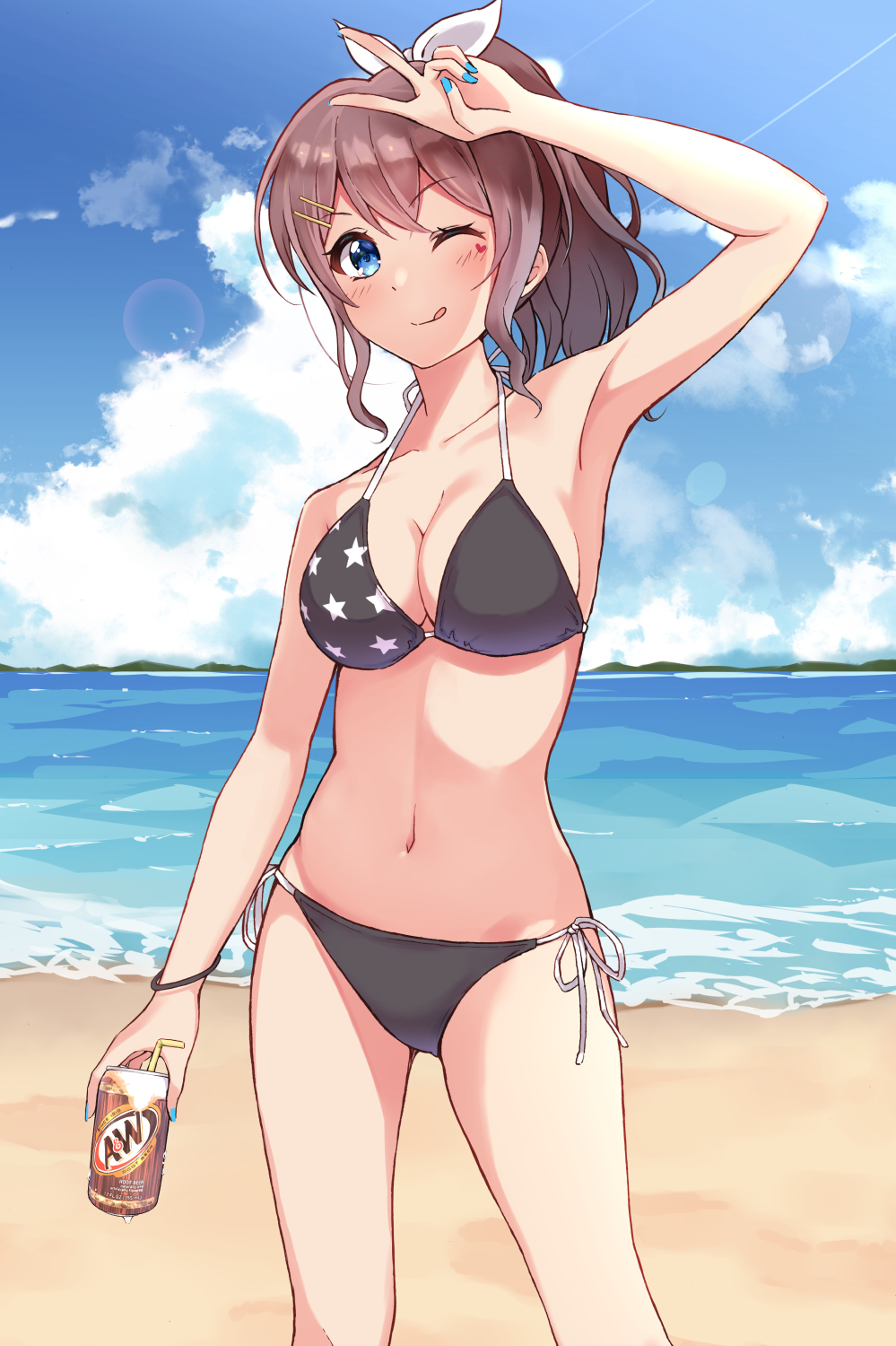 1girl a&amp;w aranami_shibuki bang_dream! beach bikini black_bikini blue_eyes blue_sky breasts brown_hair can cleavage cloud collarbone commentary_request cowboy_shot day hair_ribbon highres horizon looking_at_viewer medium_breasts ocean one_eye_closed outdoors ponytail ribbon root_beer side-tie_bikini sky solo standing star_(symbol) star_print swimsuit v white_ribbon yamabuki_saaya