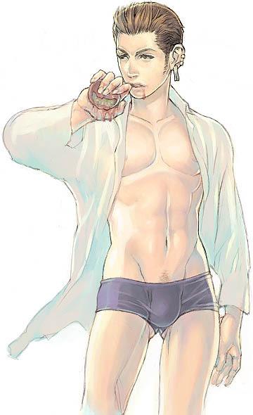 1boy abs artist_request balflear balthier black_briefs briefs brown_eyes brown_hair bulge earrings eating final_fantasy final_fantasy_xii food fruit ivalice_alliance jewelry jpeg_artifacts male male_focus muscle nipples open_clothes open_shirt pecs shirt solo source_request standing underwear white_shirt