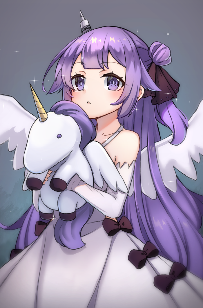 1girl azur_lane bangs bare_shoulders blush bow brown_bow brown_ribbon collarbone commentary detached_sleeves dress eyebrows_visible_through_hair feathered_wings grey_background hair_bun hair_ribbon halterneck holding holding_stuffed_animal long_sleeves miya_(miyaruta) one_side_up parted_lips purple_eyes purple_hair ribbon side_bun sleeves_past_wrists solo sparkle stuffed_alicorn stuffed_animal stuffed_toy unicorn_(azur_lane) white_dress white_sleeves white_wings wings