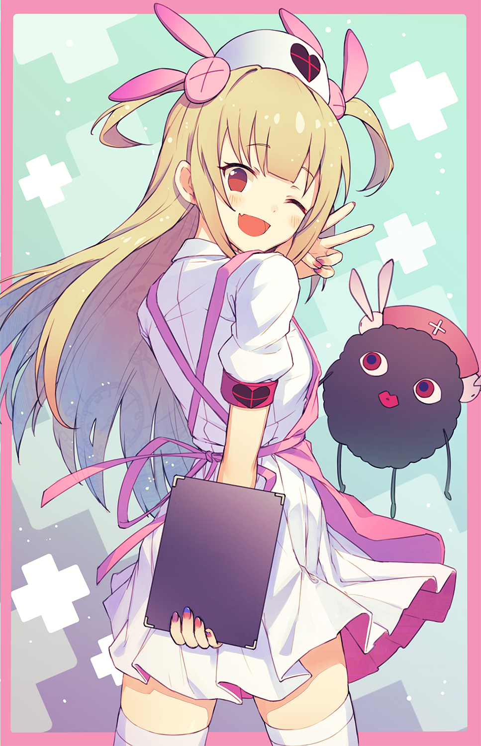 1girl :d apron blonde_hair border closed_mouth cowboy_shot dress fang fingernails from_behind hand_up hat heart highres holding kotoribako long_hair looking_at_viewer looking_back nail_polish natori_sana nurse_cap one_eye_closed open_mouth pink_apron pink_border red_eyes red_nails saana-kun sana_channel short_dress skin_fang smile solo standing thighhighs two_side_up v white_dress white_legwear