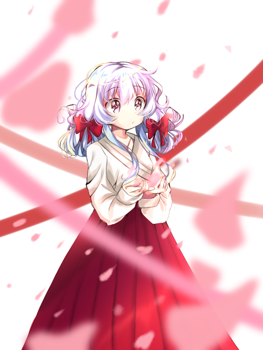 1girl :/ artist_name beyblade beyblade:_burst blue_hair breasts chankyone character_name cherry_blossoms collarbone dress flower hair_ribbon hands_together hands_up highres korean_clothes korean_text looking_up md5_mismatch nishiro_nya open_eyes petals purple_eyes red_dress ribbon shiny shiny_hair shirt short_twintails simple_background small_breasts solo twintails white_shirt