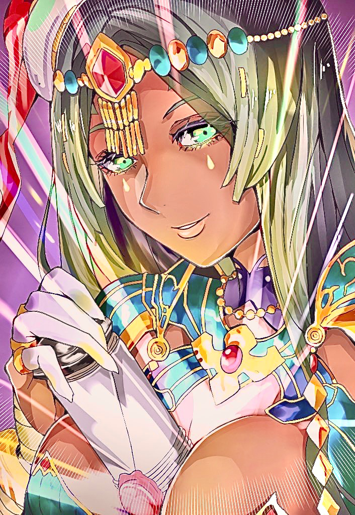 1girl arm_wrap armlet armor bandaged_arm bandages bangs between_breasts black_hair blue_armor breasts bridal_gauntlets circlet cleavage dark_skin facial_mark fate/grand_order fate_(series) forehead_jewel green_eyes hat hat_feather jewelry large_breasts long_hair looking_at_viewer nari_(nari149528) parted_bangs pauldrons ring scheherazade_(fate/grand_order) scroll shoulder_armor smile