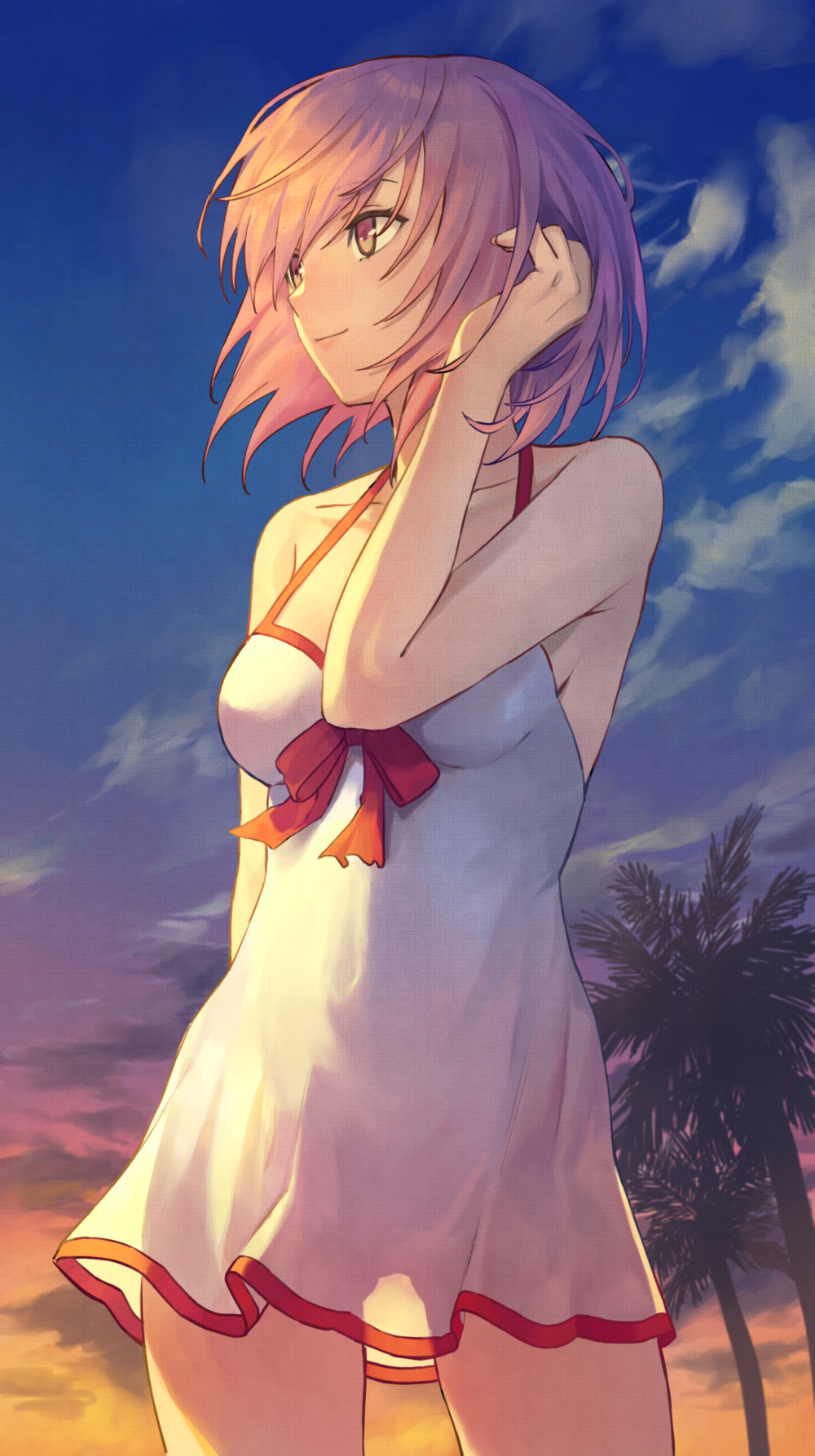 1girl 7aehyun bangs bare_shoulders beach blue_sky breasts collarbone dress_swimsuit fate/grand_order fate_(series) gradient_sky hair_over_one_eye hand_in_hair highres large_breasts lavender_hair mash_kyrielight orange_sky palm_tree purple_eyes short_hair sky smile sunset swimsuit swimsuit_of_perpetual_summer tree twilight white_swimsuit