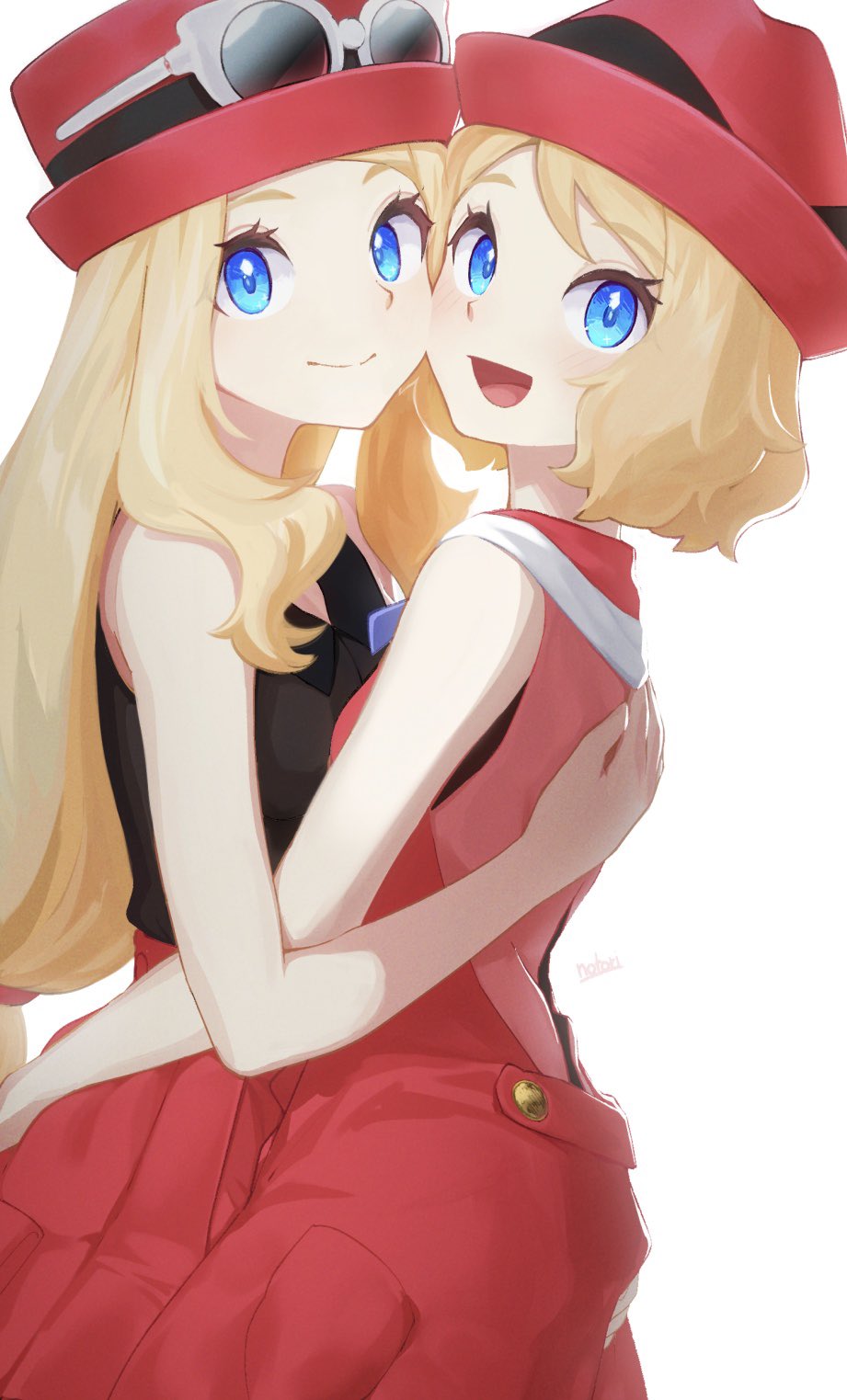 2girls :d bangs blonde_hair blue_eyes closed_mouth commentary_request eyelashes eyewear_on_headwear fedora hat highres hug looking_at_viewer multiple_girls notori_d open_mouth pleated_skirt pokemon pokemon_(anime) pokemon_(game) pokemon_xy pokemon_xy_(anime) porkpie_hat red_headwear red_skirt ribbon serena_(pokemon) simple_background skirt sleeveless smile sunglasses tongue white_background