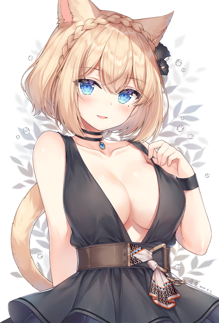 1girl animal_ears ayuanlv bare_shoulders belt black_choker black_dress blonde_hair blue_eyes braid breasts cat_ears cat_girl cat_tail choker cleavage collarbone dress final_fantasy final_fantasy_xiv french_braid hand_up highres large_breasts looking_at_viewer miqo'te mole mole_under_eye parted_lips short_hair sleeveless sleeveless_dress smile solo tail tail_raised upper_body wristband