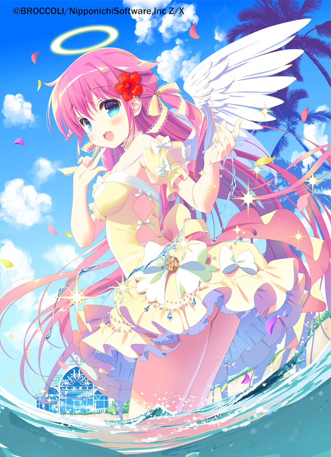 1girl :d angel angel_wings bangs bare_shoulders blue_eyes blush bow breasts commentary_request day detached_sleeves dress eyebrows_visible_through_hair feathered_wings flower hair_between_eyes hair_flower hair_ornament halo hands_up long_hair looking_at_viewer looking_to_the_side medium_breasts official_art open_mouth outdoors palm_tree petals pink_hair puffy_short_sleeves puffy_sleeves red_flower santa_matsuri short_sleeves smile solo standing strapless strapless_dress tree very_long_hair wading water watermark white_bow white_wings wings yellow_dress yellow_sleeves z/x