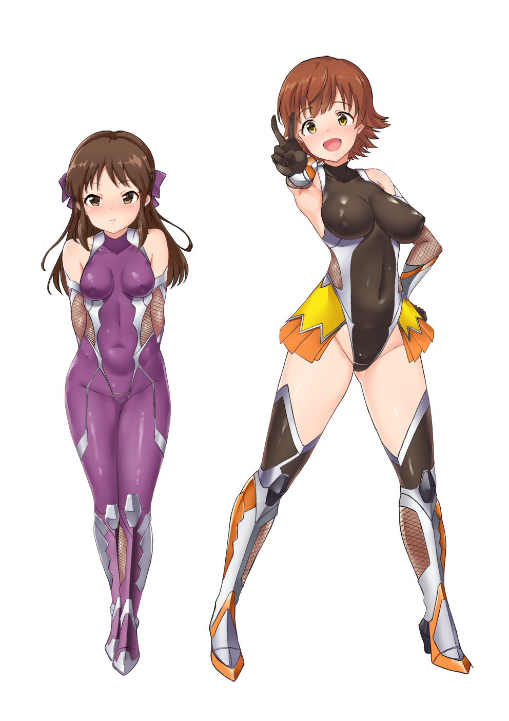 2girls arms_behind_back bangs black_gloves blush breasts brown_hair closed_mouth commentary_request cosplay covered_navel covered_nipples fishnets full_body gloves hair_ribbon highres honda_mio idolmaster idolmaster_cinderella_girls long_hair multiple_girls nakasima-syouta open_mouth ribbon shiny shiny_hair shiny_skin short_hair simple_background tachibana_arisu tongue v white_background yellow_eyes