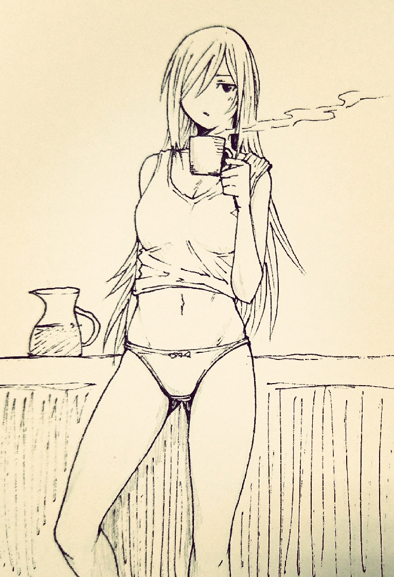 1girl bare_shoulders bow bow_panties breasts cleavage closed_mouth coffee coffee_mug cup greyscale hair_over_one_eye hatching_(texture) holding holding_cup long_hair looking_at_viewer midriff monochrome mug navel no_pants original panties panties_day shobu_minaka sketch solo steam traditional_media underwear