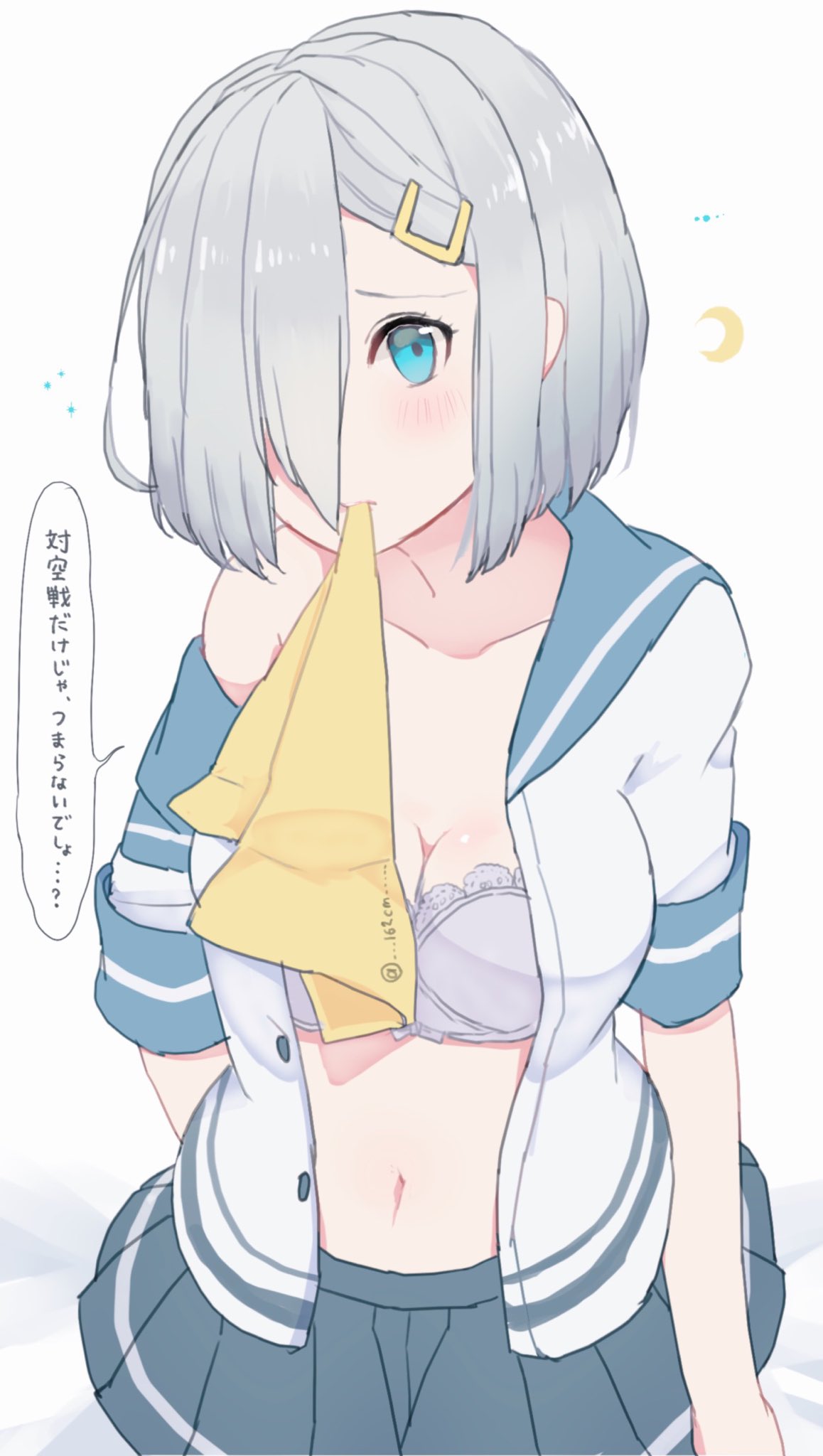 1girl blue_eyes blush bra breasts collarbone hair_ornament hair_over_one_eye hairclip hamakaze_(kantai_collection) highres kantai_collection large_breasts looking_at_viewer navel neckerchief_in_mouth open_clothes open_shirt pleated_skirt qqqmei school_uniform serafuku short_hair silver_hair skirt solo translation_request twitter_username underwear white_background white_bra yellow_neckwear