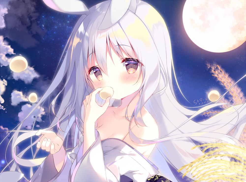 1girl animal_ears bangs bare_shoulders blush brown_eyes bunny_ears cloud collarbone commentary_request dango eating eyebrows_visible_through_hair food full_moon hair_between_eyes hands_up holding holding_food japanese_clothes kimono long_hair long_sleeves looking_at_viewer moon night night_sky off_shoulder original outdoors shiratama_(shiratamaco) signature silver_hair sky solo star_(sky) starry_sky upper_body wagashi white_kimono wide_sleeves