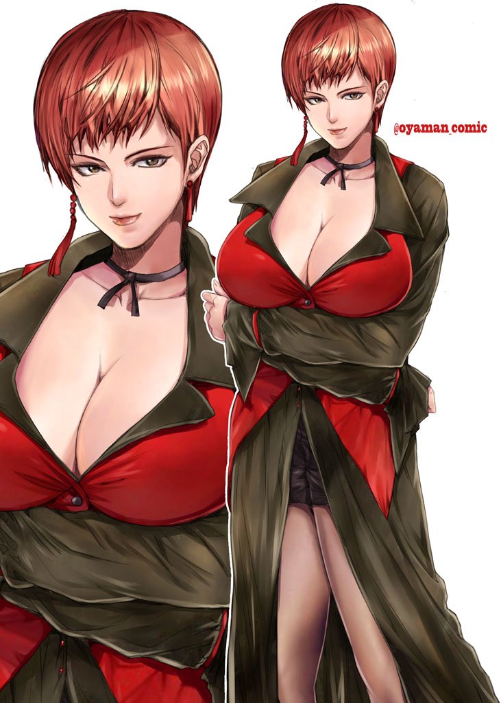artist_name bangs black_shorts breasts brown_hair buttons choker cleavage closed_mouth collarbone commentary_request crossed_arms earrings jewelry large_breasts light_smile lips long_sleeves looking_at_viewer makeup multiple_views oyaman pantyhose red_hair red_lips shiny shiny_hair short_hair shorts simple_background smile standing the_king_of_fighters vice white_background
