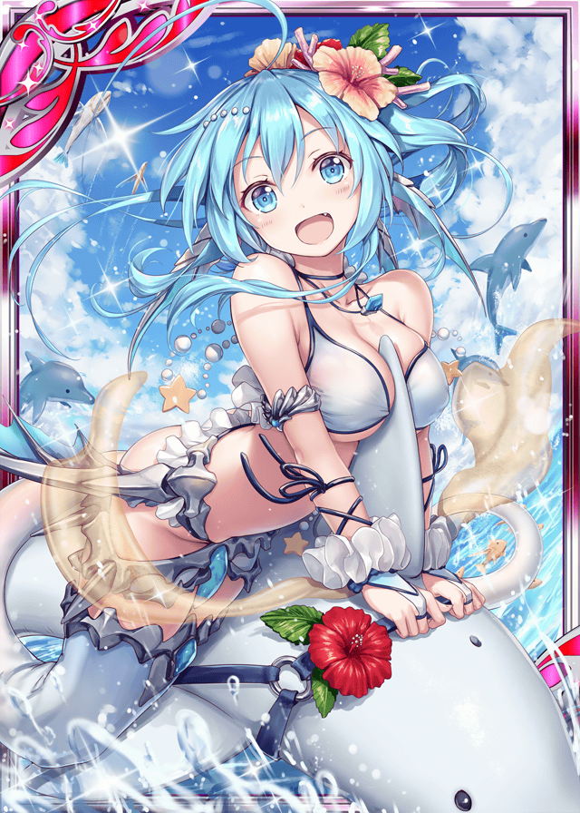 1girl akkijin bikini blowhole blue_eyes blue_hair blue_sky breasts card_(medium) cloud day dolphin flower flying_fish hair_flower hair_ornament jewelry large_breasts leviathan_(shinkai_no_valkyrie) looking_at_viewer necklace ocean official_art open_mouth shinkai_no_valkyrie short_hair sky star_(symbol) swimsuit water white_bikini